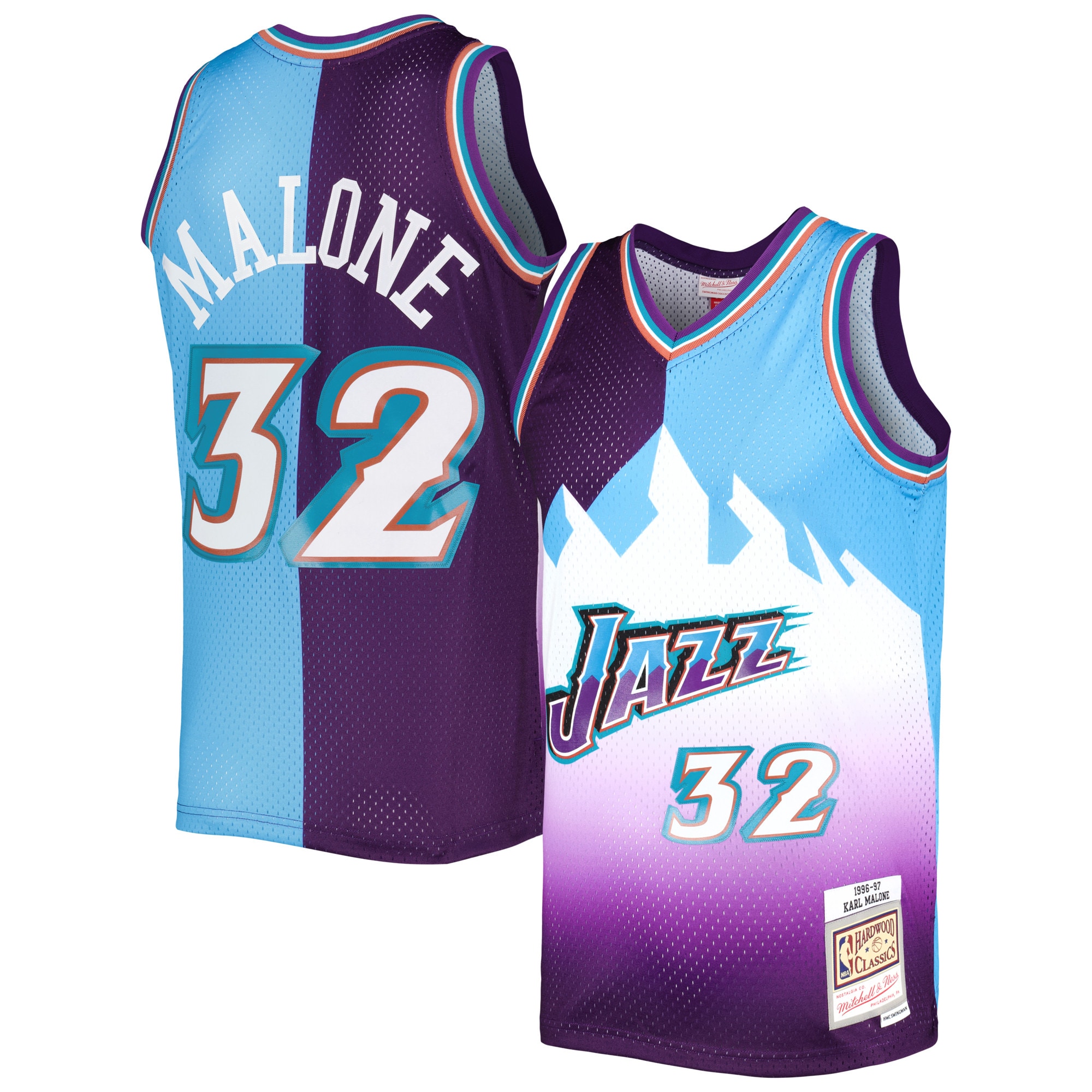 Men's Mitchell & Ness Karl Malone Purple/Turquoise Utah Jazz Hardwood Classics 1996/97 Split Swingman Basketball Jersey - JS511 