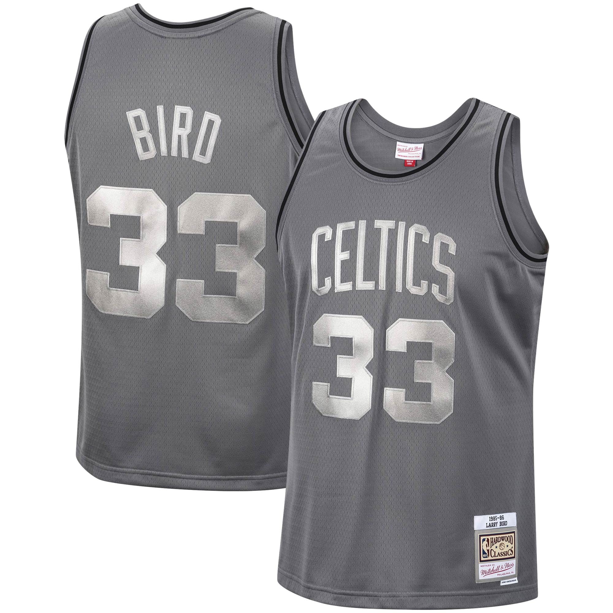 Men's Mitchell & Ness Larry Bird Charcoal Boston Celtics Hardwood Classics Retired Player 1985/86 Metal Works Swingman Basketball Jersey