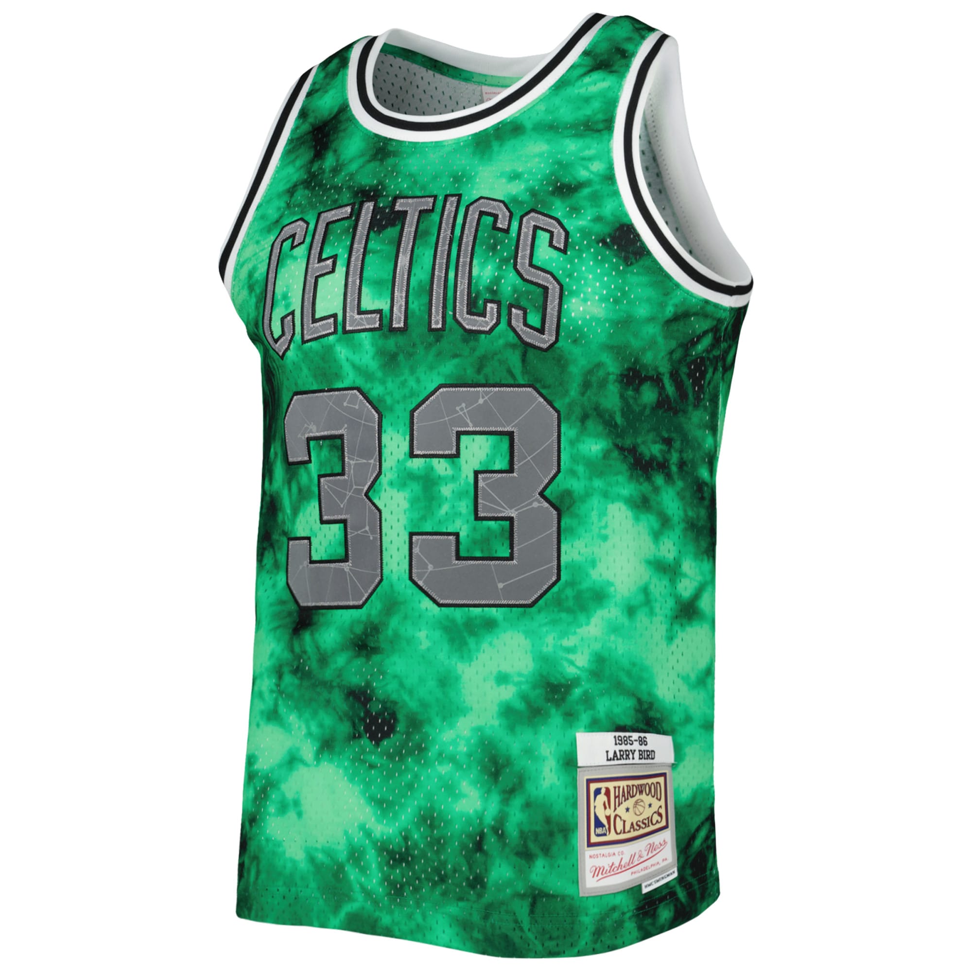 Alternative view of Men's Mitchell & Ness Larry Bird Kelly Green Boston Celtics 1985/86 Galaxy Swingman Basketball Jersey - JS778