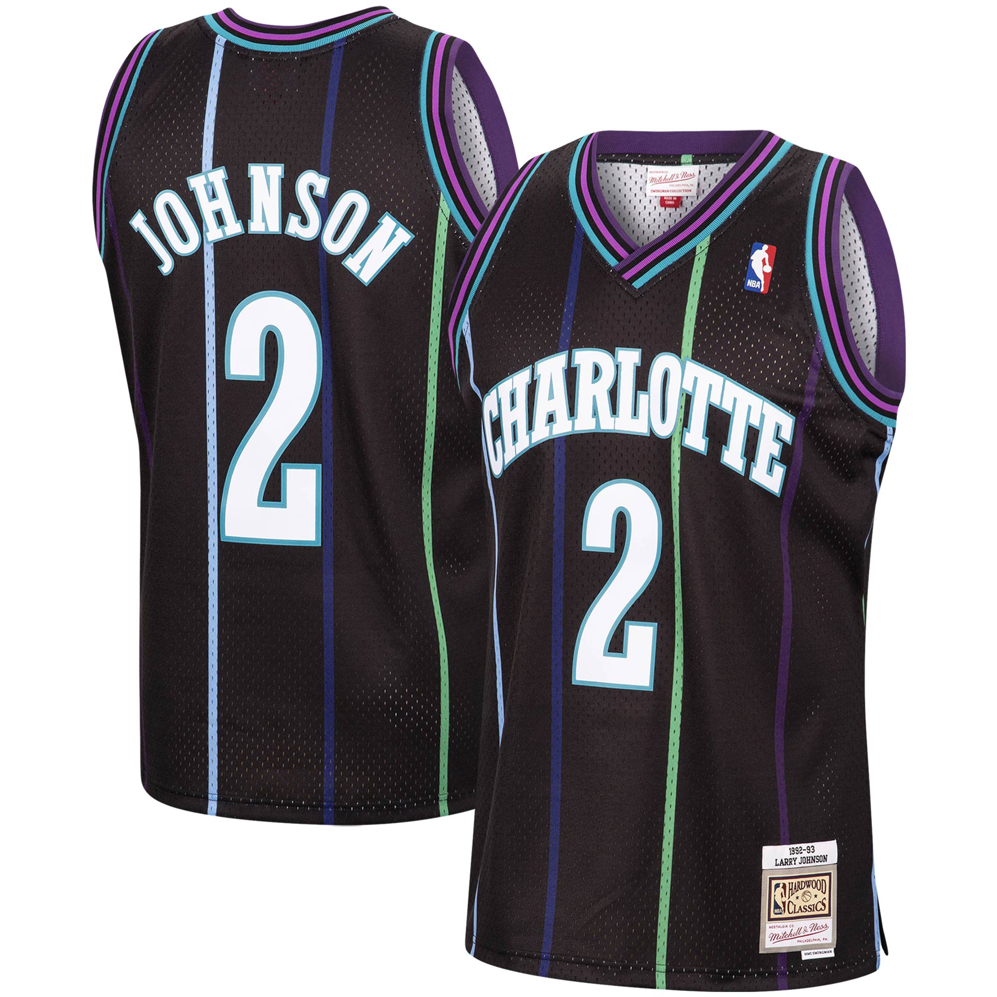 Men's Mitchell & Ness Larry Johnson Black Charlotte Hornets 1992-93 Hardwood Classics Reload Swingman Basketball Jersey