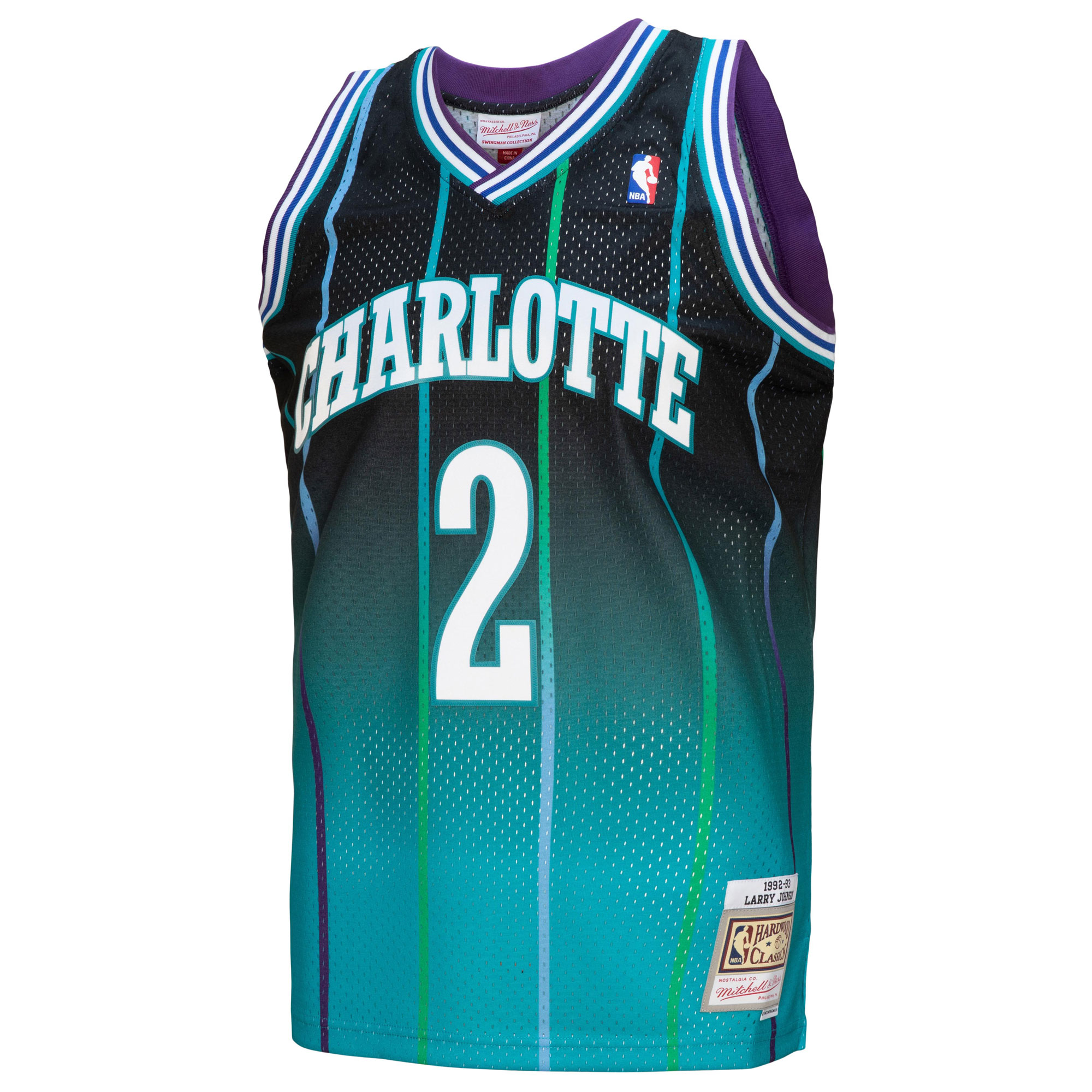 Alternative view of Men's Mitchell & Ness Larry Johnson Teal/Black Charlotte Hornets 1992/93 Hardwood Classics Fadeaway Swingman Player Basketball Jersey - JS600 