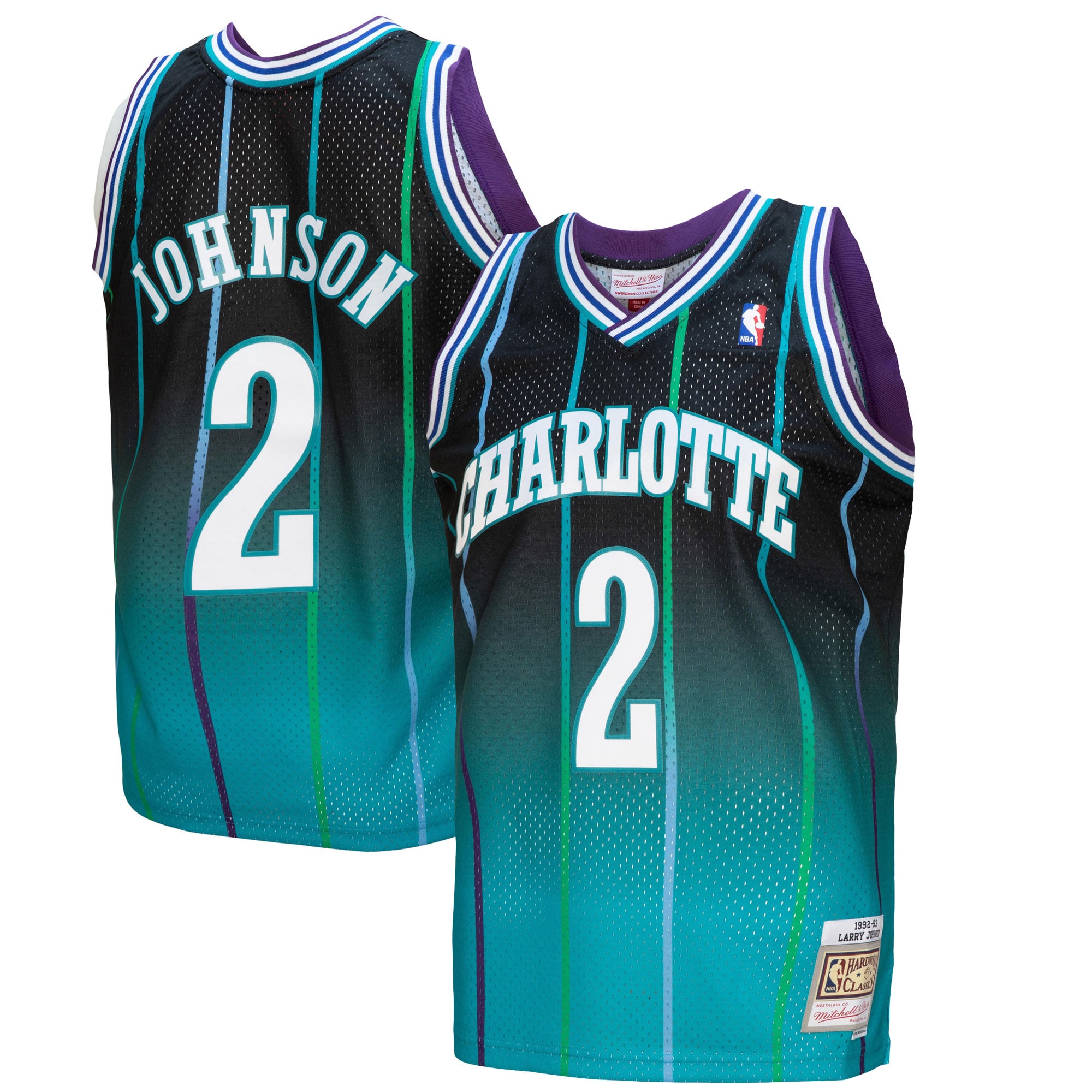 Men's Mitchell & Ness Larry Johnson Teal/Black Charlotte Hornets 1992/93 Hardwood Classics Fadeaway Swingman Player Basketball Jersey - JS600 