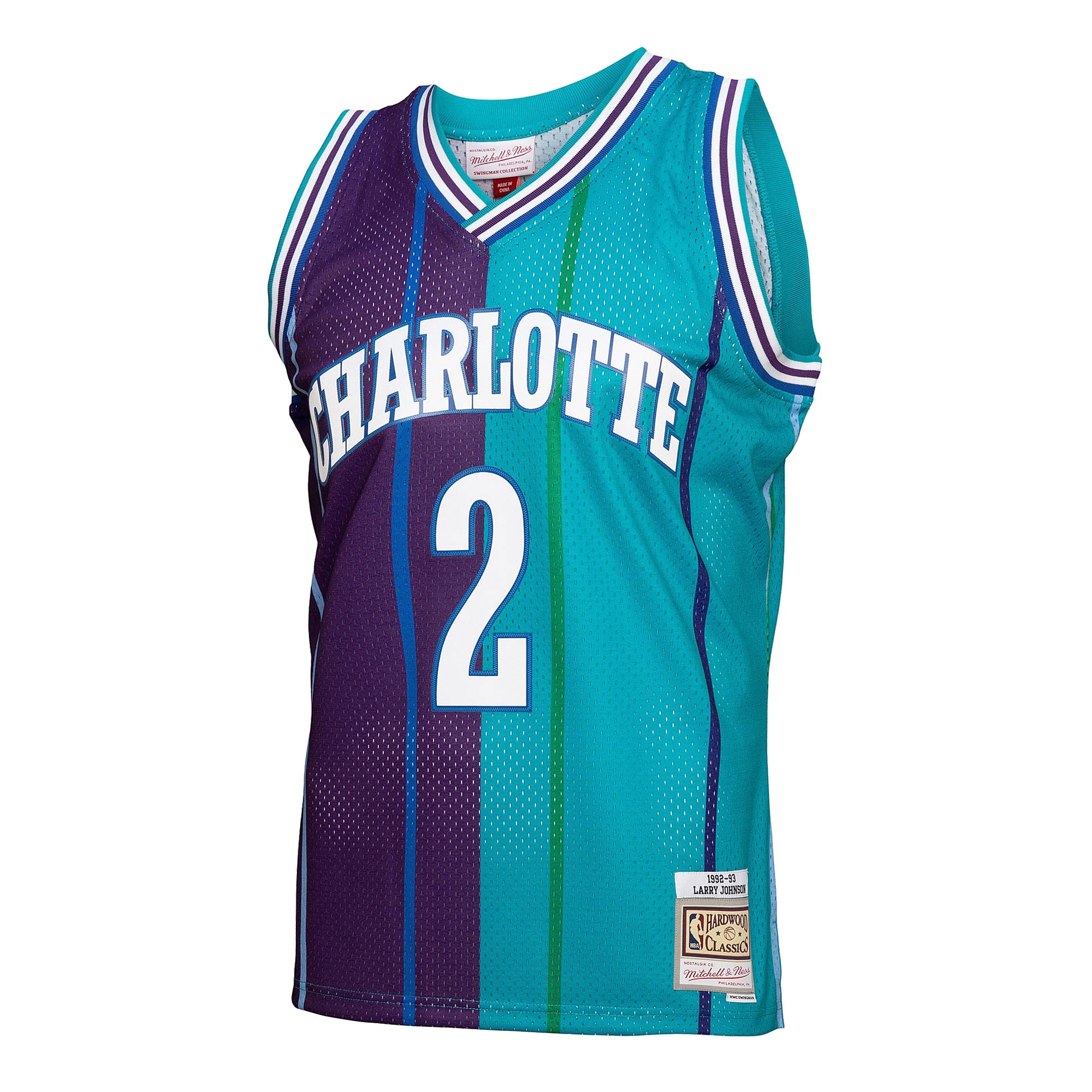 Alternative view of Men's Mitchell & Ness Larry Johnson Teal/Purple Charlotte Hornets Hardwood Classics 1992/93 Split Swingman Basketball Jersey - JS179 