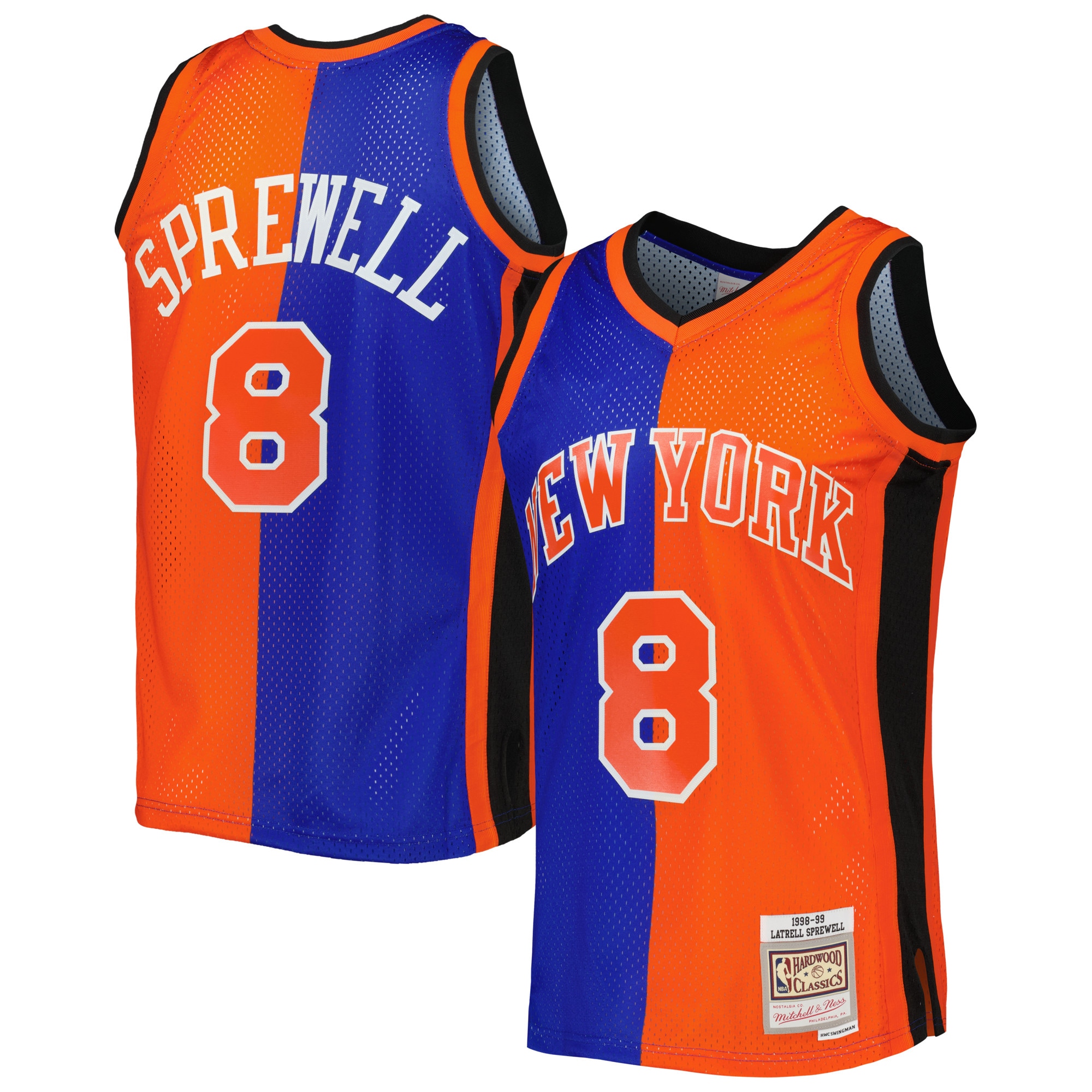 Men's Mitchell & Ness Latrell Sprewell Blue/Orange New York Knicks Hardwood Classics 1998/99 Split Swingman Basketball Jersey - JS898 