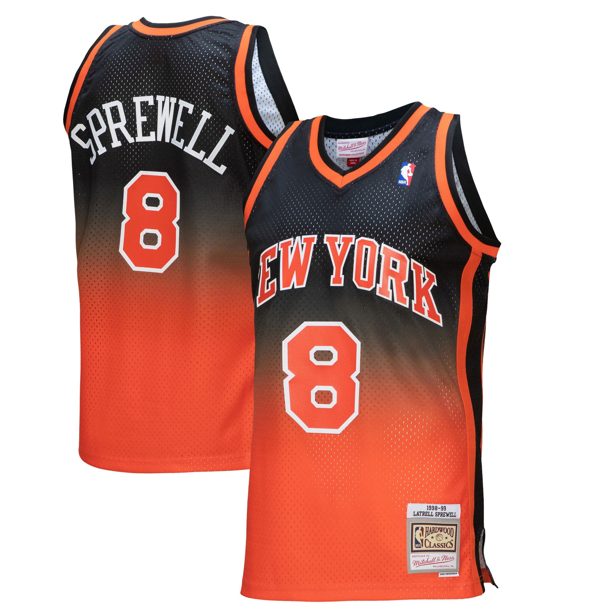 Men's Mitchell & Ness Latrell Sprewell Orange/Black New York Knicks 1998/99 Hardwood Classics Fadeaway Swingman Player Basketball Jersey - JS995 