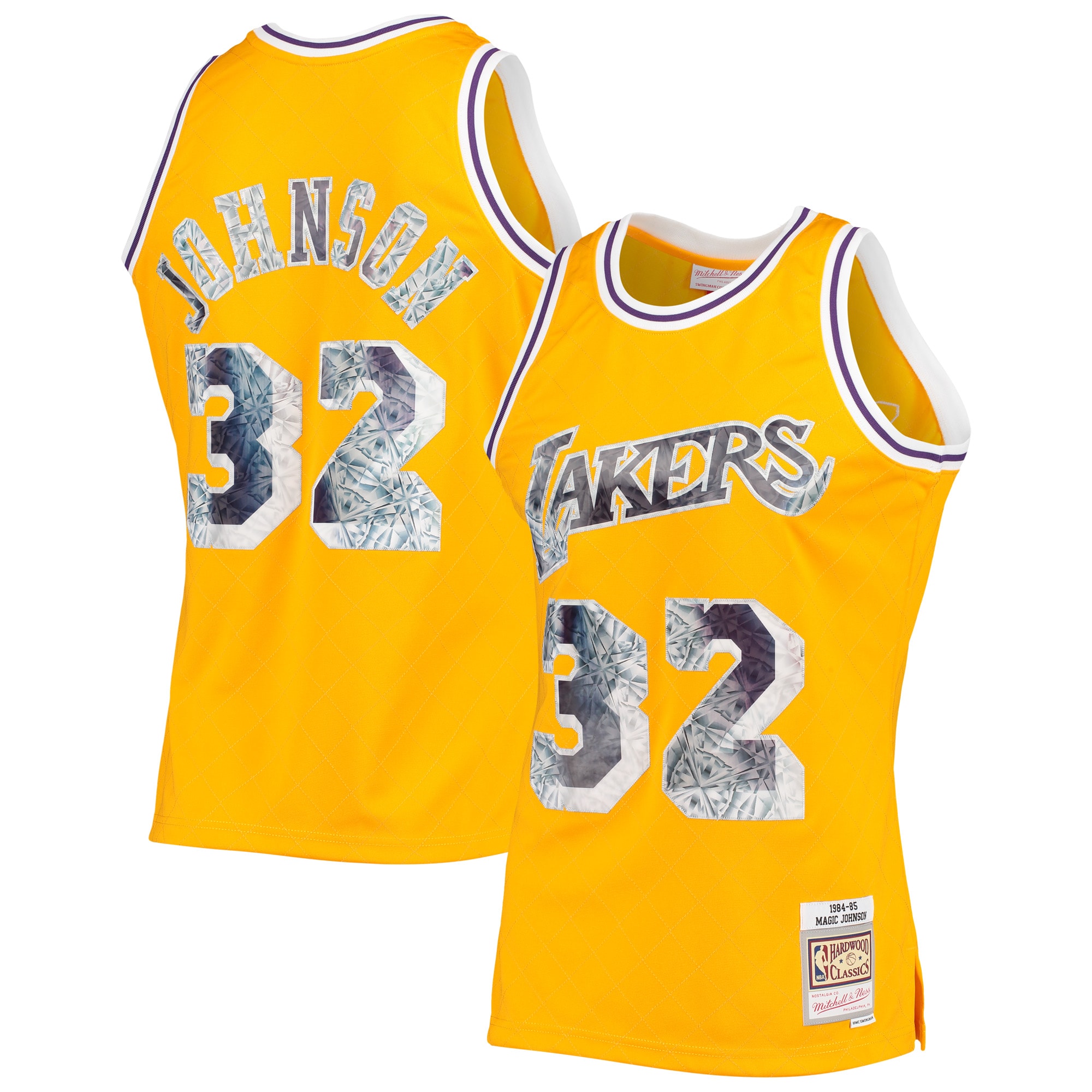 Men's Mitchell & Ness Magic Johnson Gold Los Angeles Lakers 1984/85 Hardwood Classics NBA 75th Anniversary Diamond Swingman Basketball Jersey - JS529 