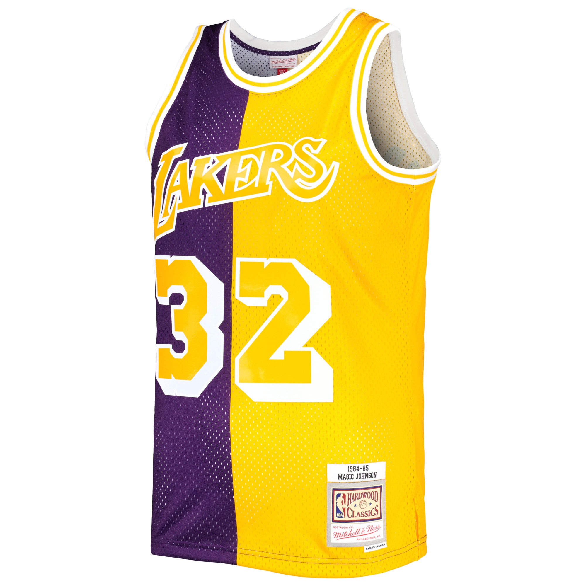 Alternative view of Men's Mitchell & Ness Magic Johnson Purple/Gold Los Angeles Lakers Hardwood Classics 1984/85 Split Swingman Basketball Jersey - JS868 