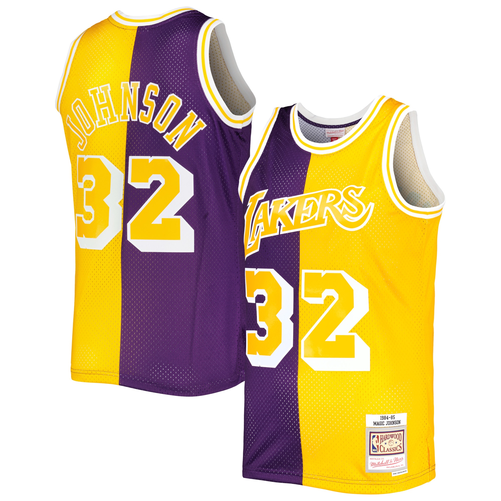 Men's Mitchell & Ness Magic Johnson Purple/Gold Los Angeles Lakers Hardwood Classics 1984/85 Split Swingman Basketball Jersey - JS868 