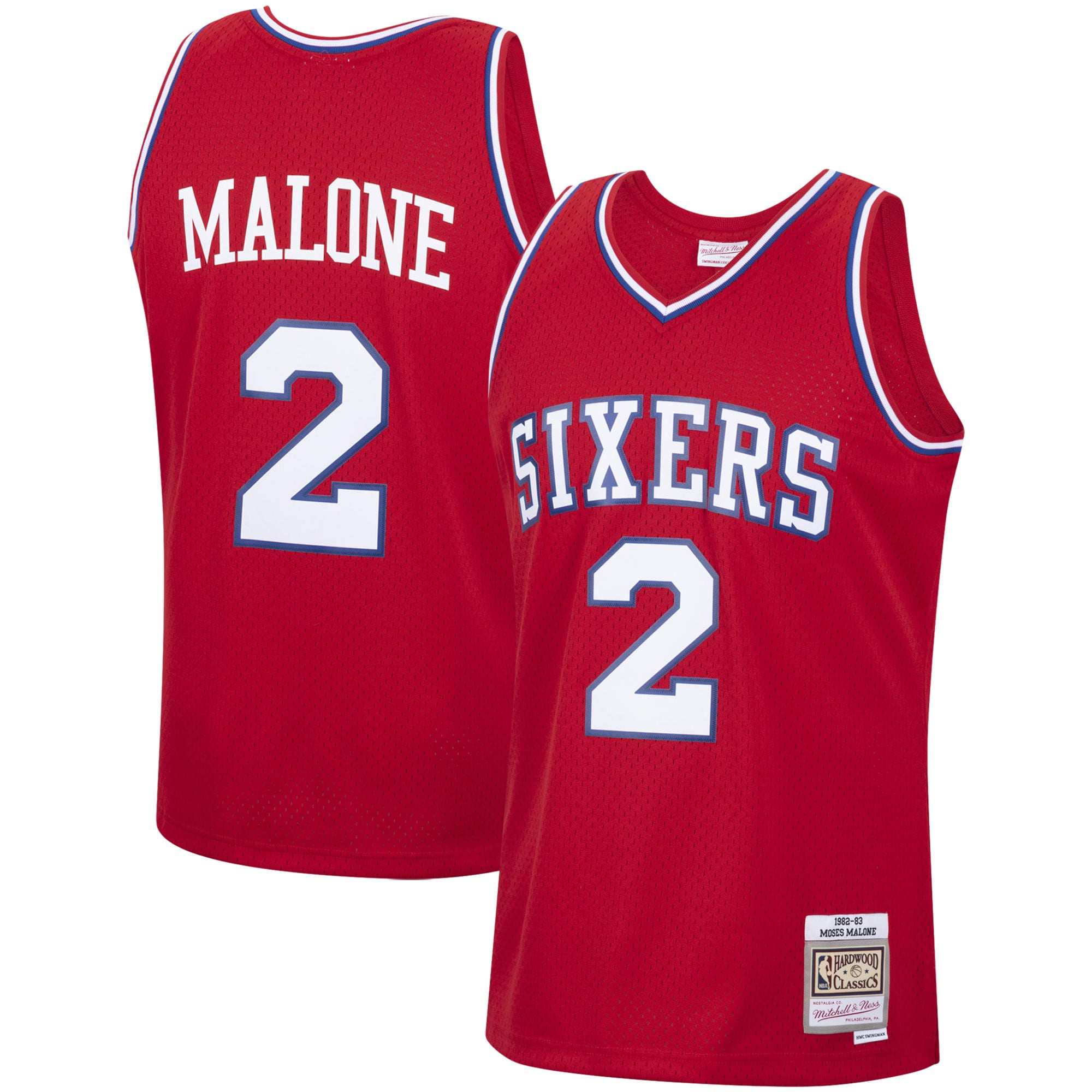 Men's Mitchell & Ness Moses Malone Red Philadelphia 76ers 1982-83 Hardwood Classics Swingman Basketball Jersey