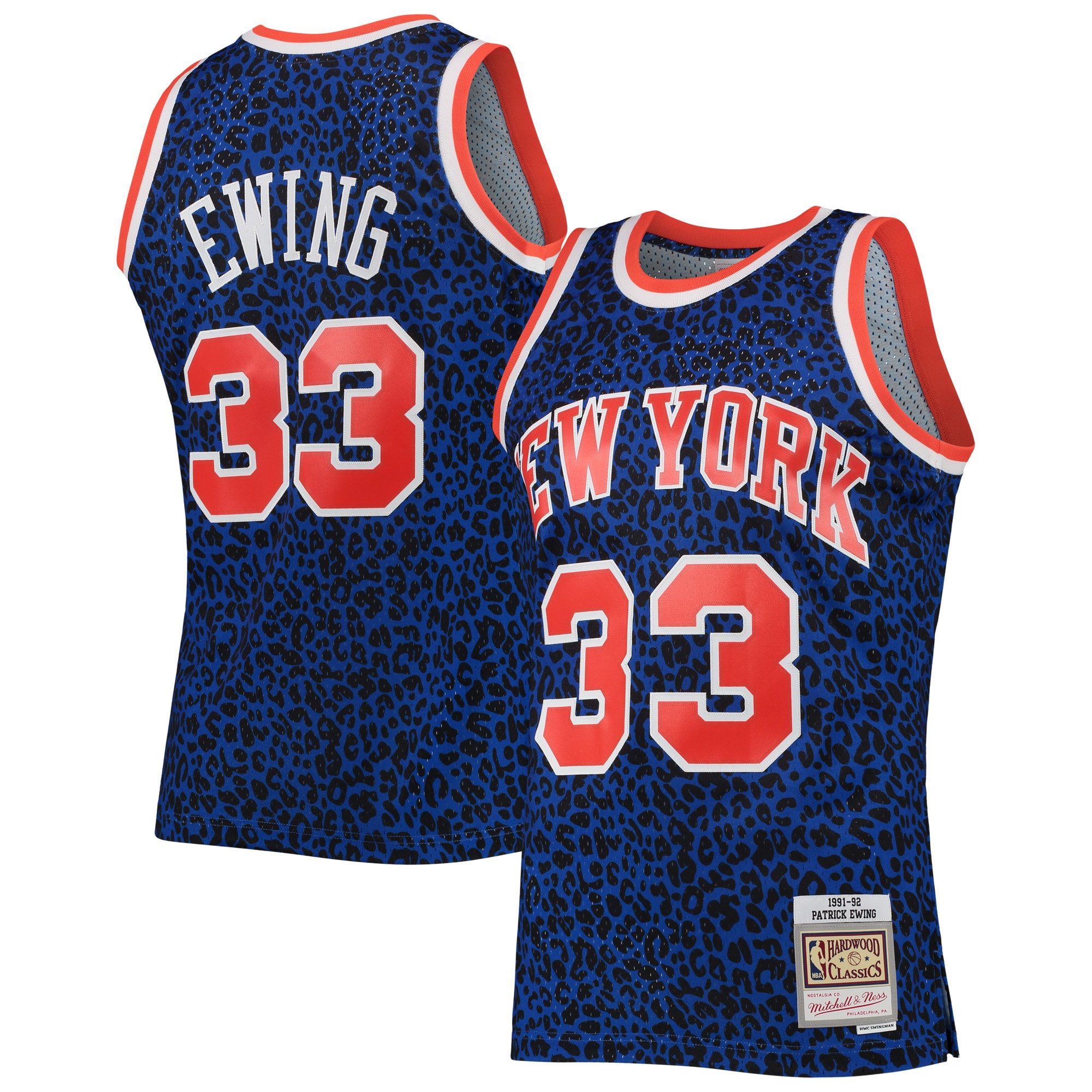 Men's Mitchell & Ness Patrick Ewing Blue New York Knicks Hardwood Classics Wildlife Swingman Basketball Jersey
