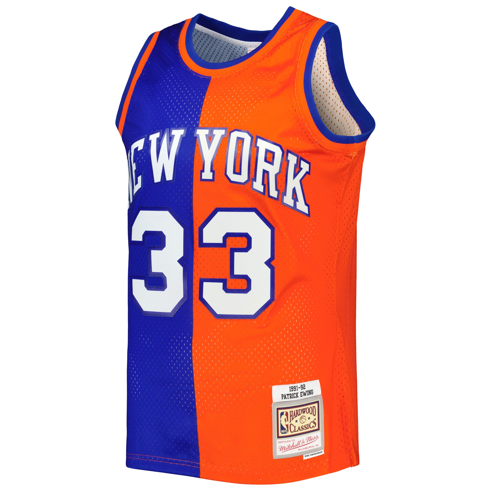 Alternative view of Men's Mitchell & Ness Patrick Ewing Blue/Orange New York Knicks Hardwood Classics 1991/92 Split Swingman Basketball Jersey - JS811 