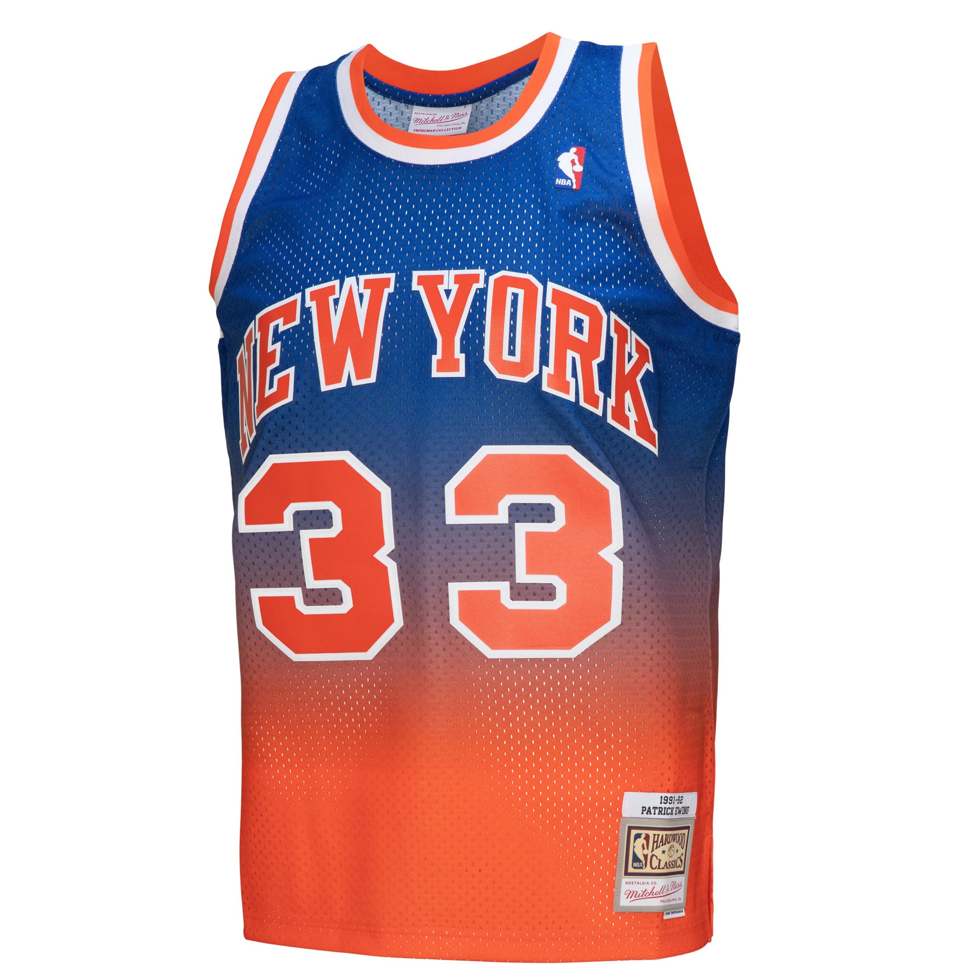 Alternative view of Men's Mitchell & Ness Patrick Ewing Orange/Royal New York Knicks 1991/92 Hardwood Classics Fadeaway Swingman Player Basketball Jersey - JS131 