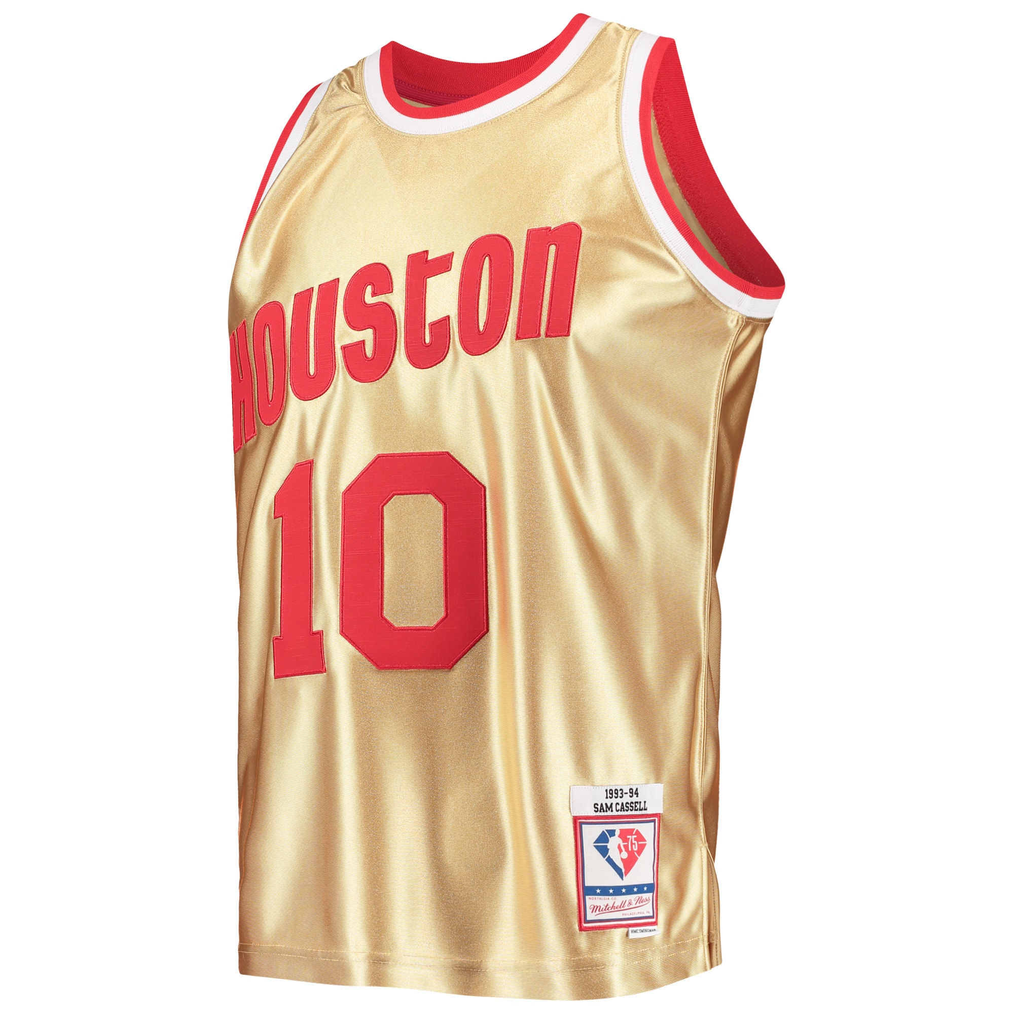 Alternative view of Men's Mitchell & Ness Sam Cassell Gold Houston Rockets 75th Anniversary 1993/94 Hardwood Classics Swingman Basketball Jersey - JS742 