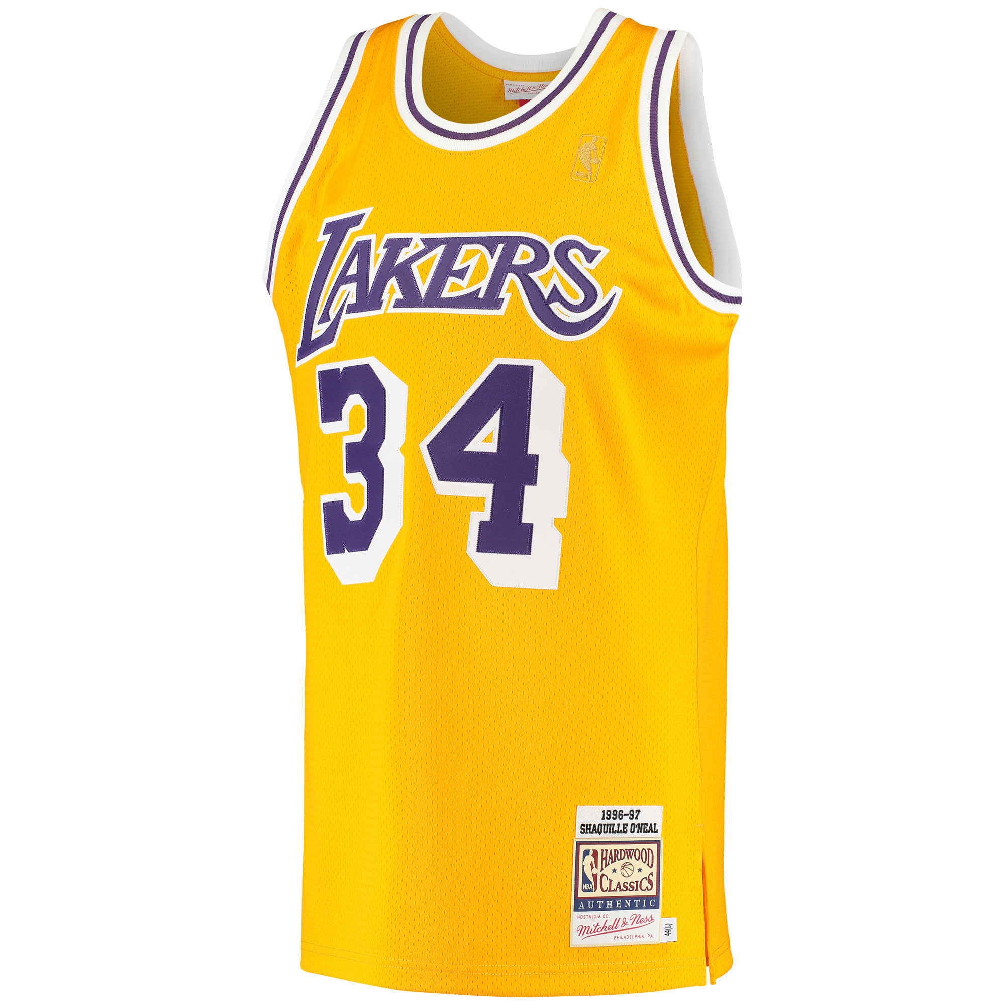 Alternative view of Men's Mitchell & Ness Shaquille O'Neal Gold Los Angeles Lakers 1996/97 Hardwood Classics Basketball Jersey - JS471 