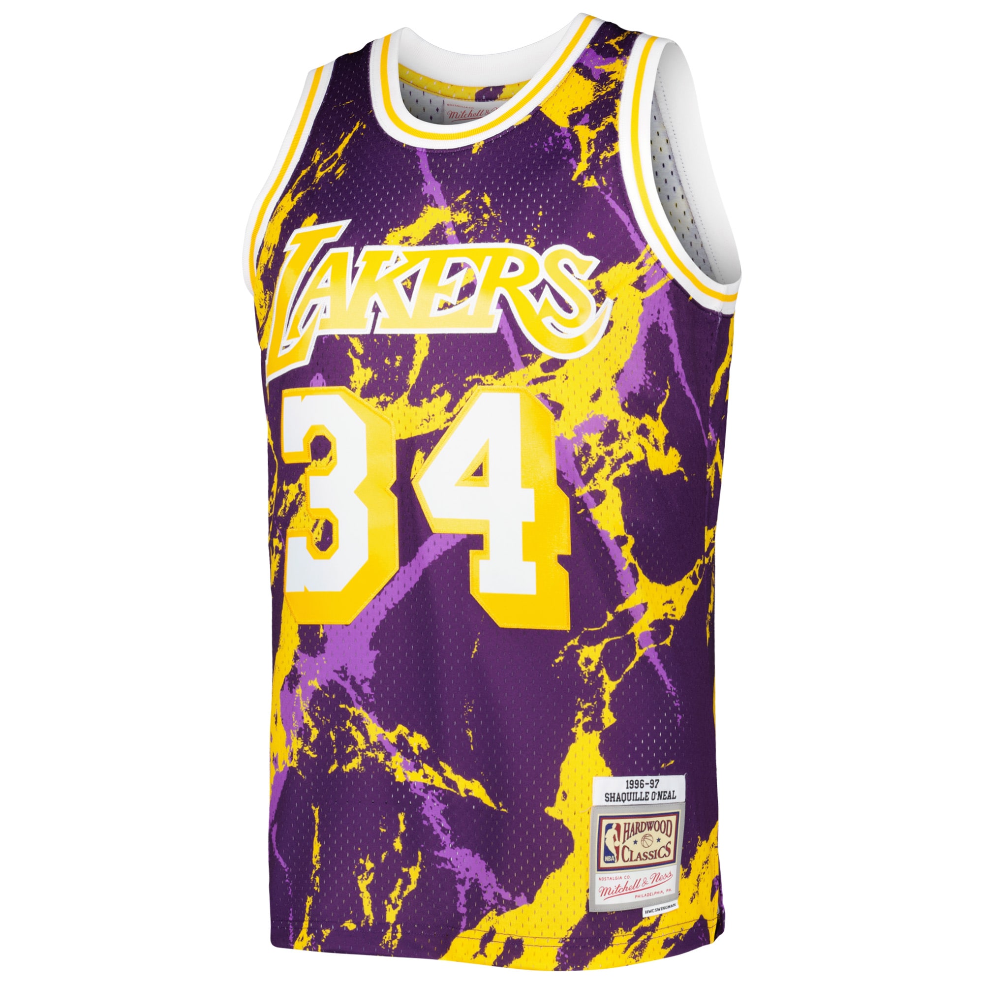 Alternative view of Men's Mitchell & Ness Shaquille O'Neal Purple Los Angeles Lakers 1996/97 Hardwood Classics Marble Swingman Basketball Jersey - JS308 