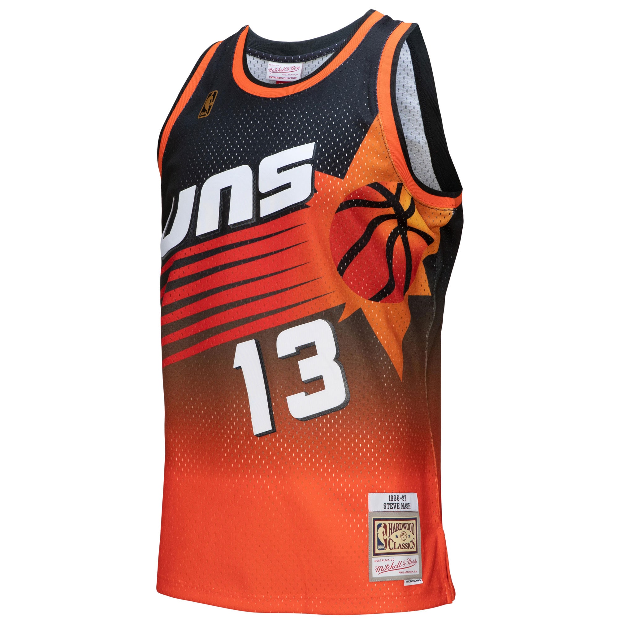 Alternative view of Men's Mitchell & Ness Steve Nash Orange/Black Phoenix Suns 1996/97 Hardwood Classics Fadeaway Swingman Player Jersey - JS808 