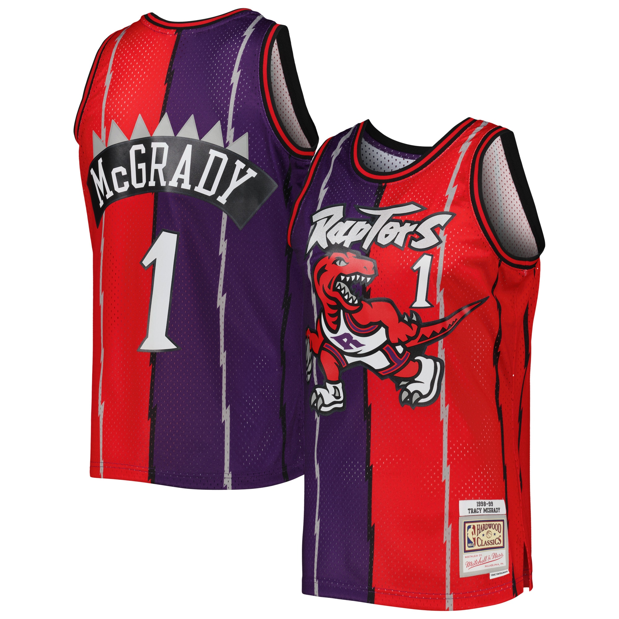 Men's Mitchell & Ness Tracy McGrady Purple/Red Toronto Raptors Hardwood Classics 1998/99 Split Swingman Basketball Jersey - JS416 