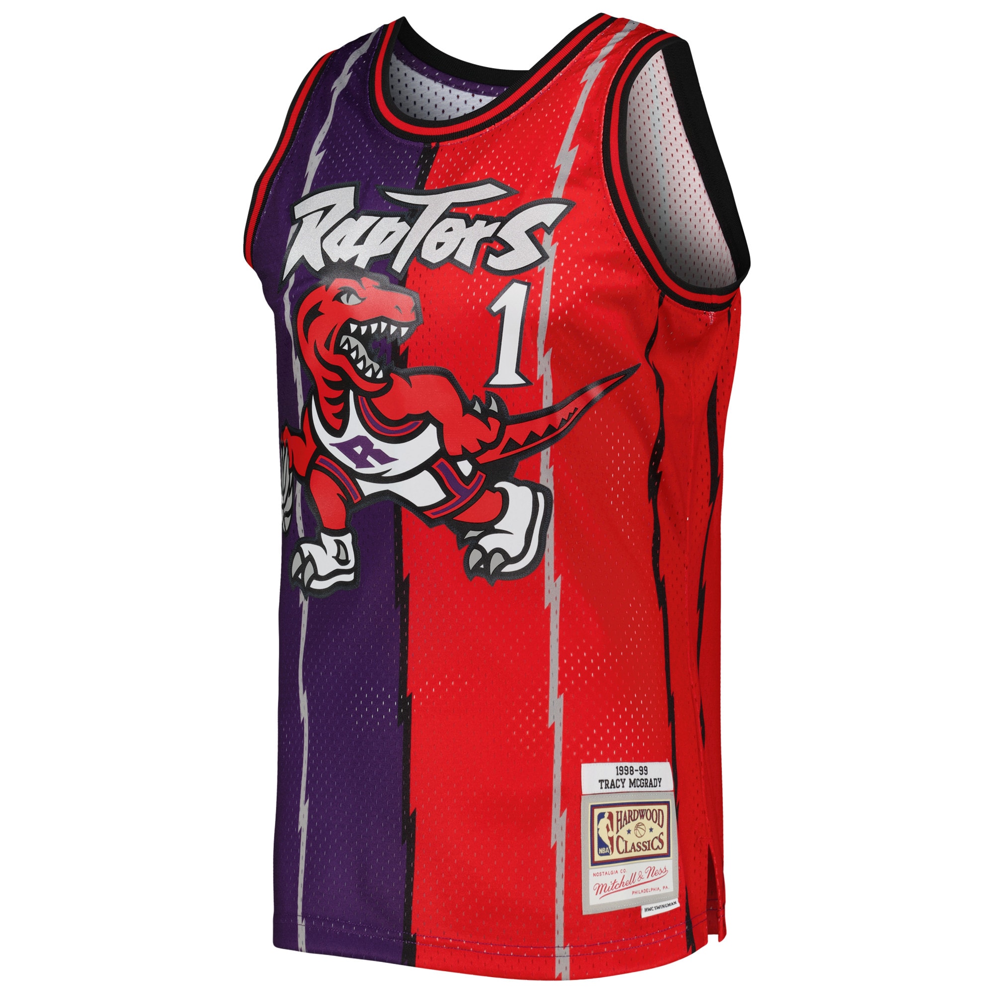 Alternative view of Men's Mitchell & Ness Tracy McGrady Purple/Red Toronto Raptors Hardwood Classics 1998/99 Split Swingman Basketball Jersey - JS416 