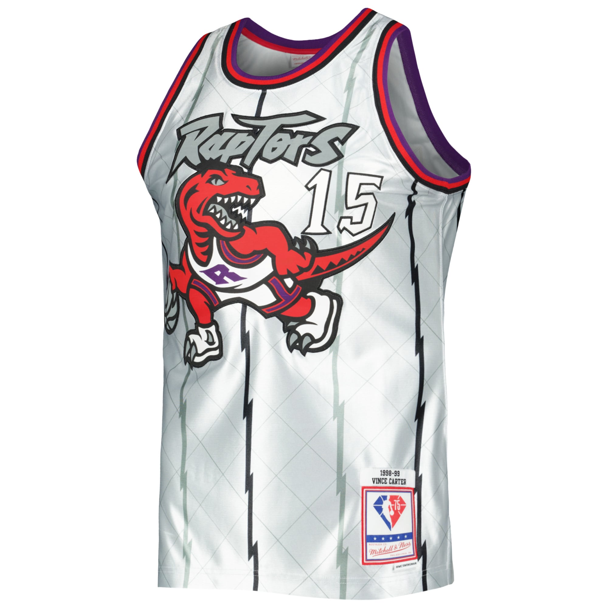 Alternative view of Men's Mitchell & Ness Vince Carter Platinum Toronto Raptors 1998/99 Hardwood Classics 75th Anniversary Swingman Basketball Jersey - JS454 