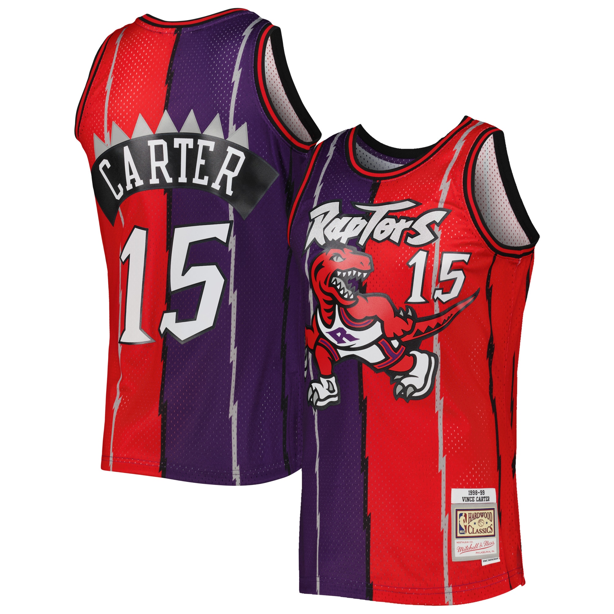 Men's Mitchell & Ness Vince Carter Purple/Red Toronto Raptors Hardwood Classics 1998/99 Split Swingman Basketball Jersey - JS282 