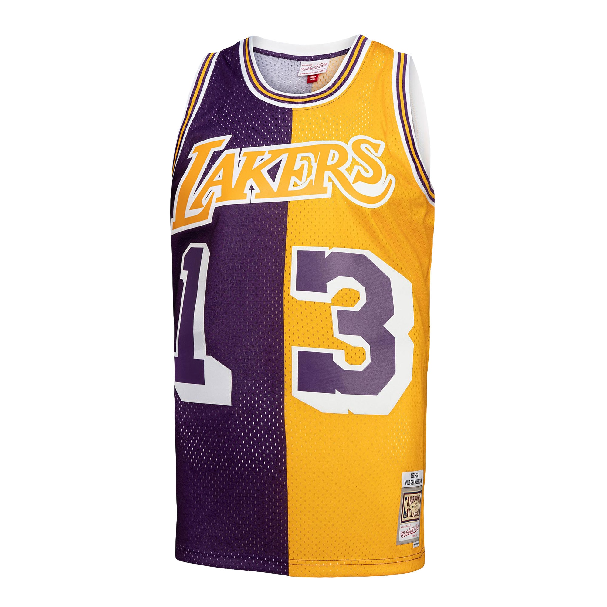 Alternative view of Men's Mitchell & Ness Wilt Chamberlain Purple/Gold Los Angeles Lakers Hardwood Classics 1971/72 Split Swingman Basketball Jersey - JS706 