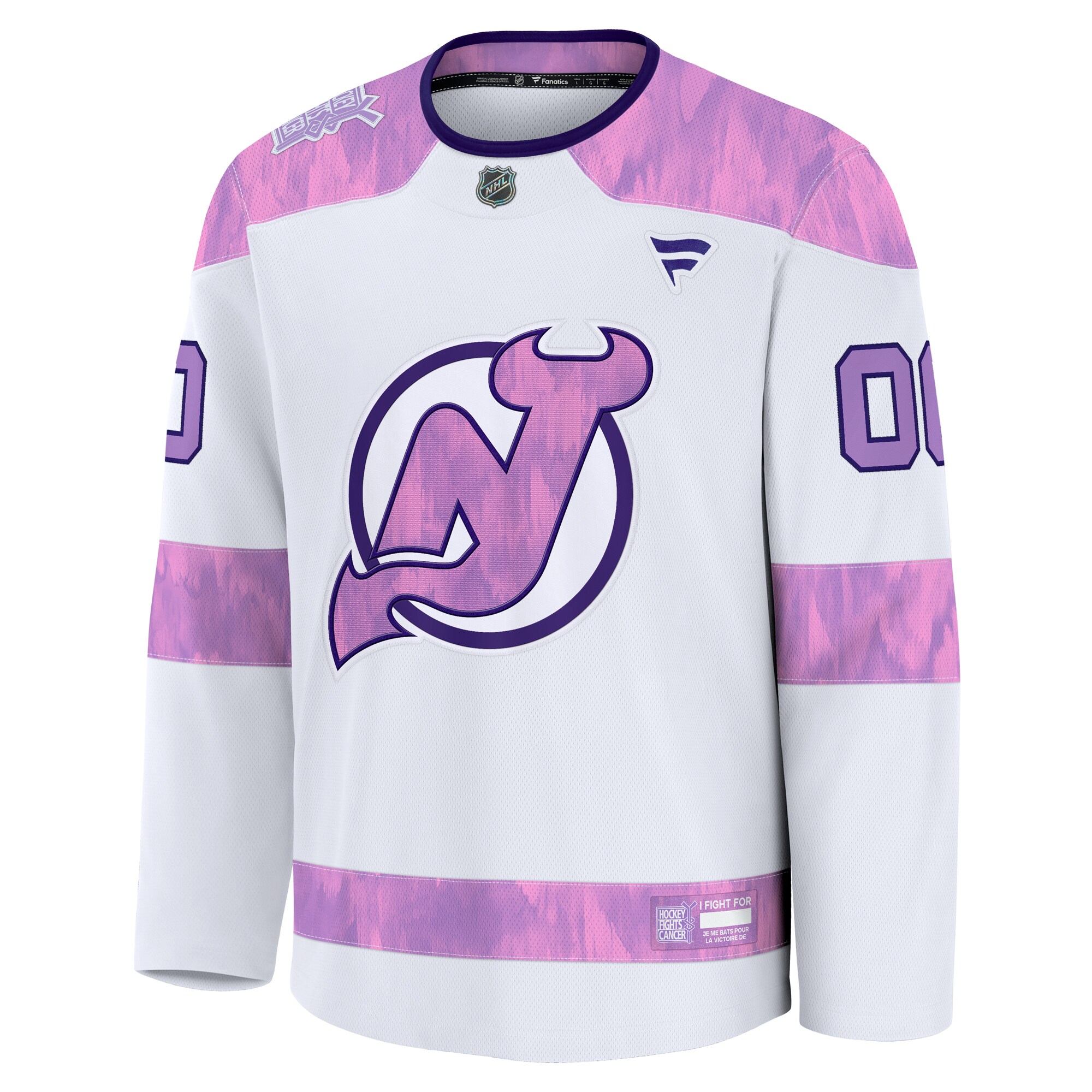 Alternative view of Men's New Jersey Devils White 2024 Hockey Fights Cancer Custom Practice Jersey - JS988 