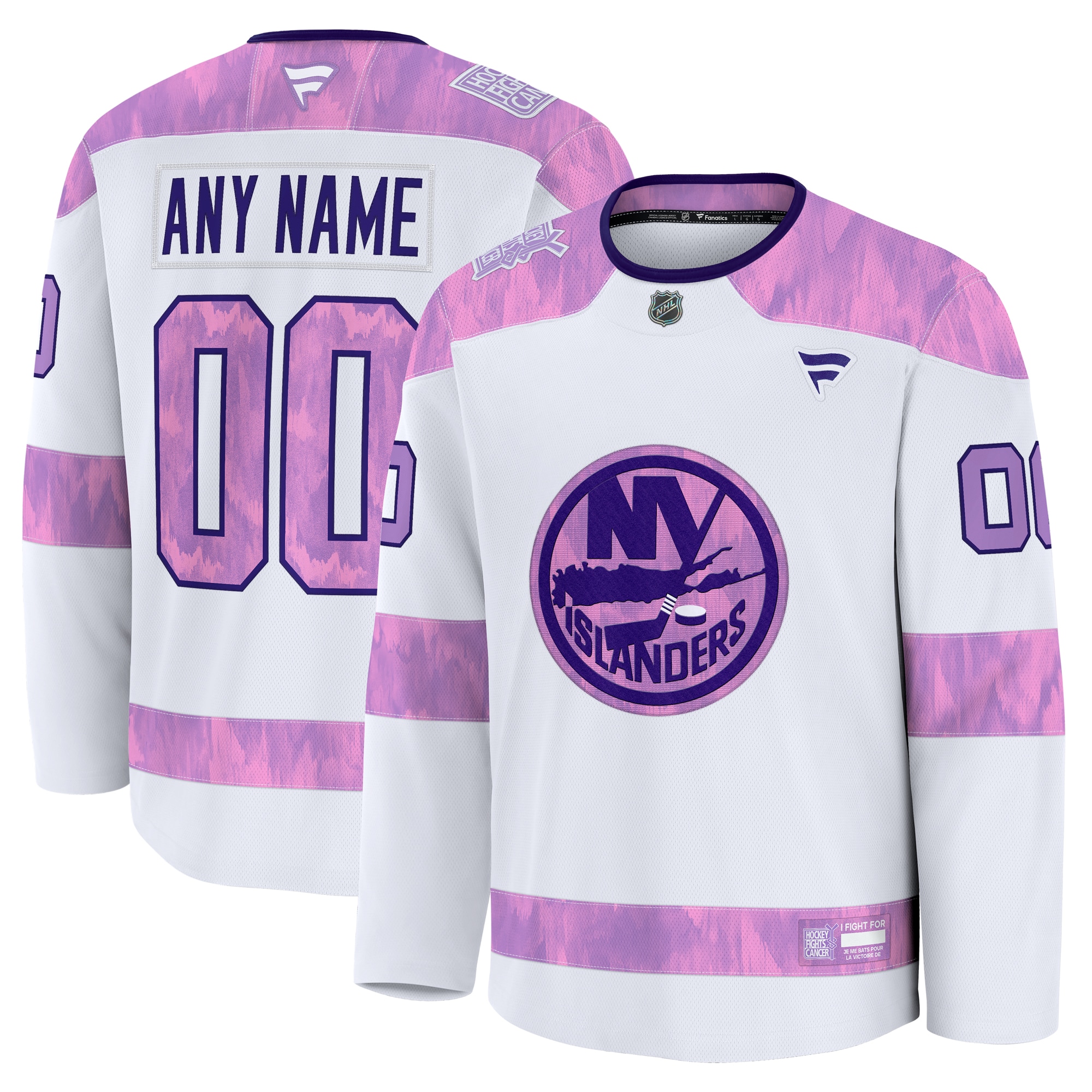 Men's New York Islanders White 2024 Hockey Fights Cancer Custom Practice Hockey Jersey - JS119 