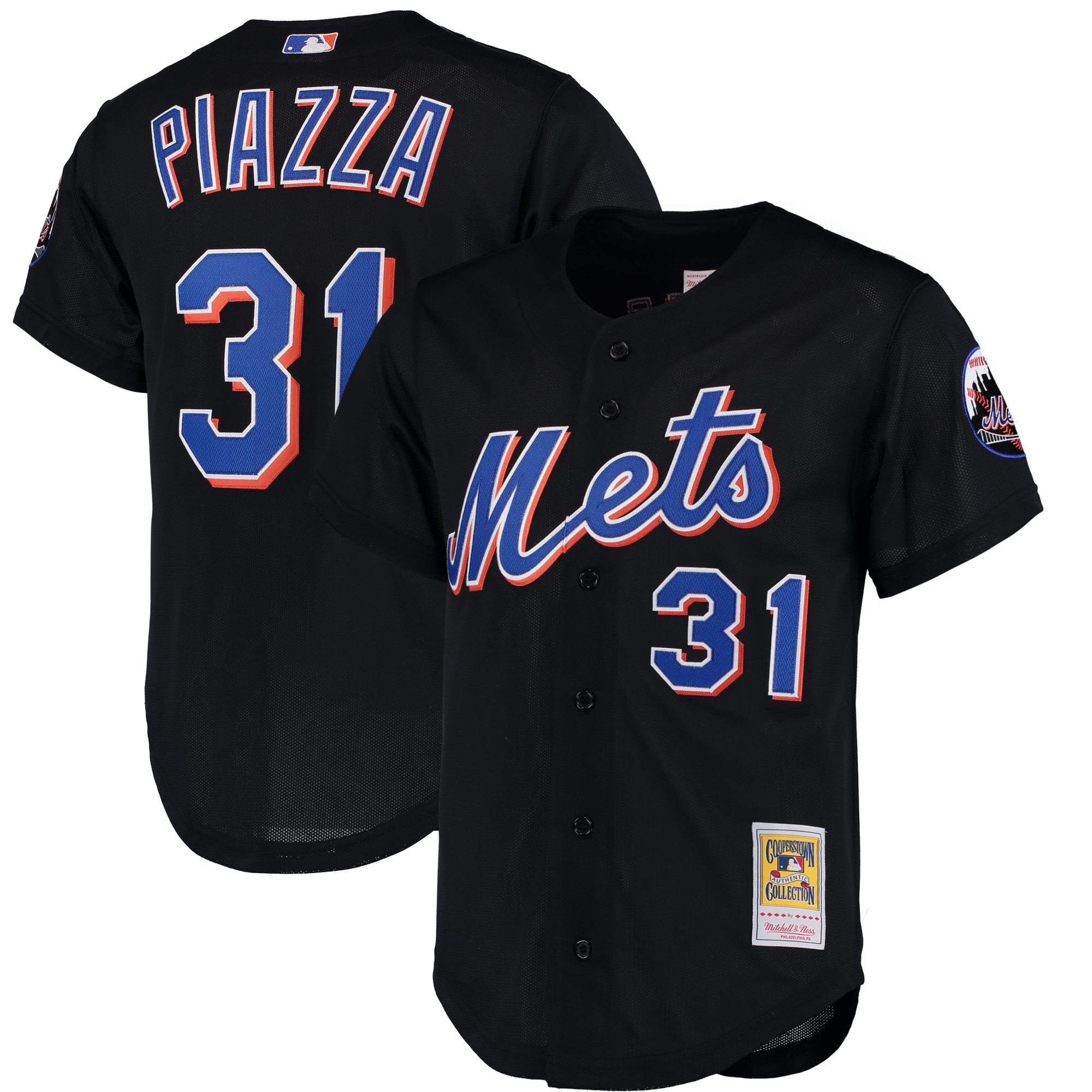 Men's New York Mets Mike Piazza Mitchell & Ness Black Cooperstown Collection Mesh Batting Practice Button-Up Baseball Jersey 