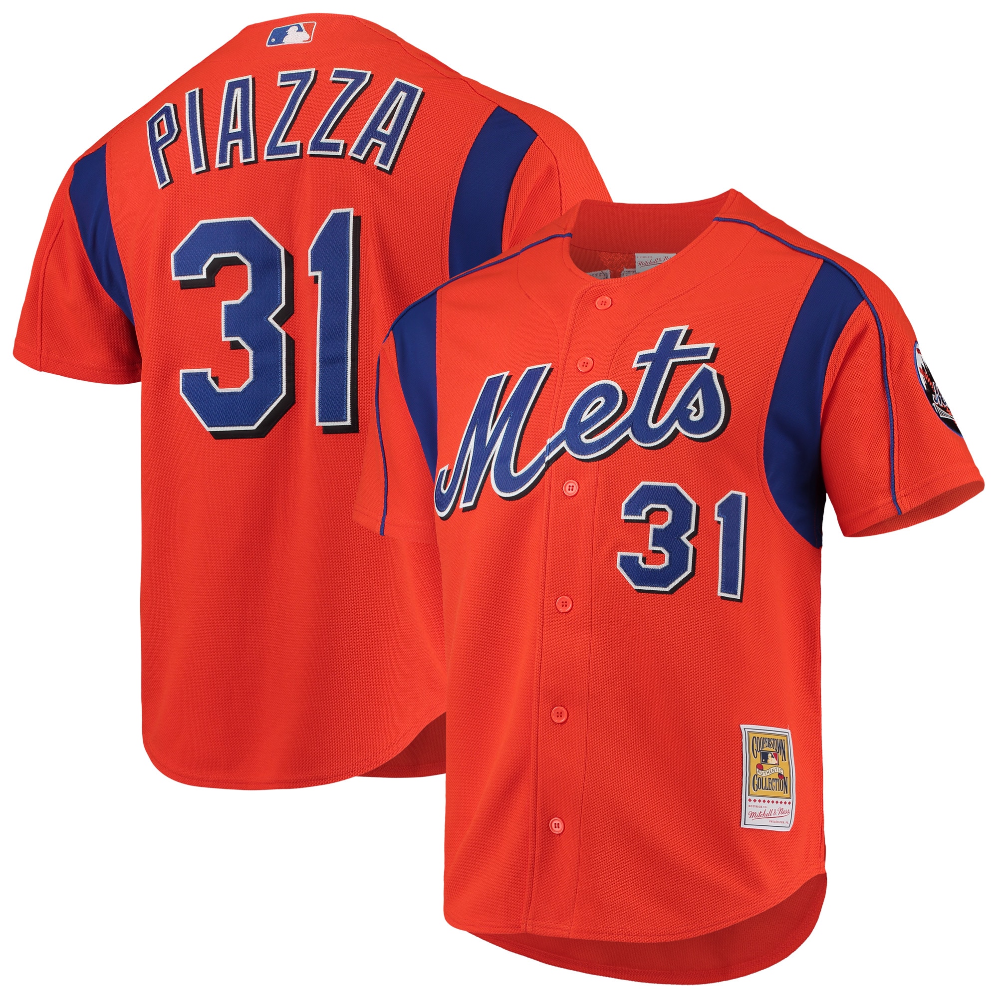 Men's New York Mets Mike Piazza Mitchell & Ness Orange Cooperstown Collection Mesh Batting Practice Button-Up Baseball Jersey 