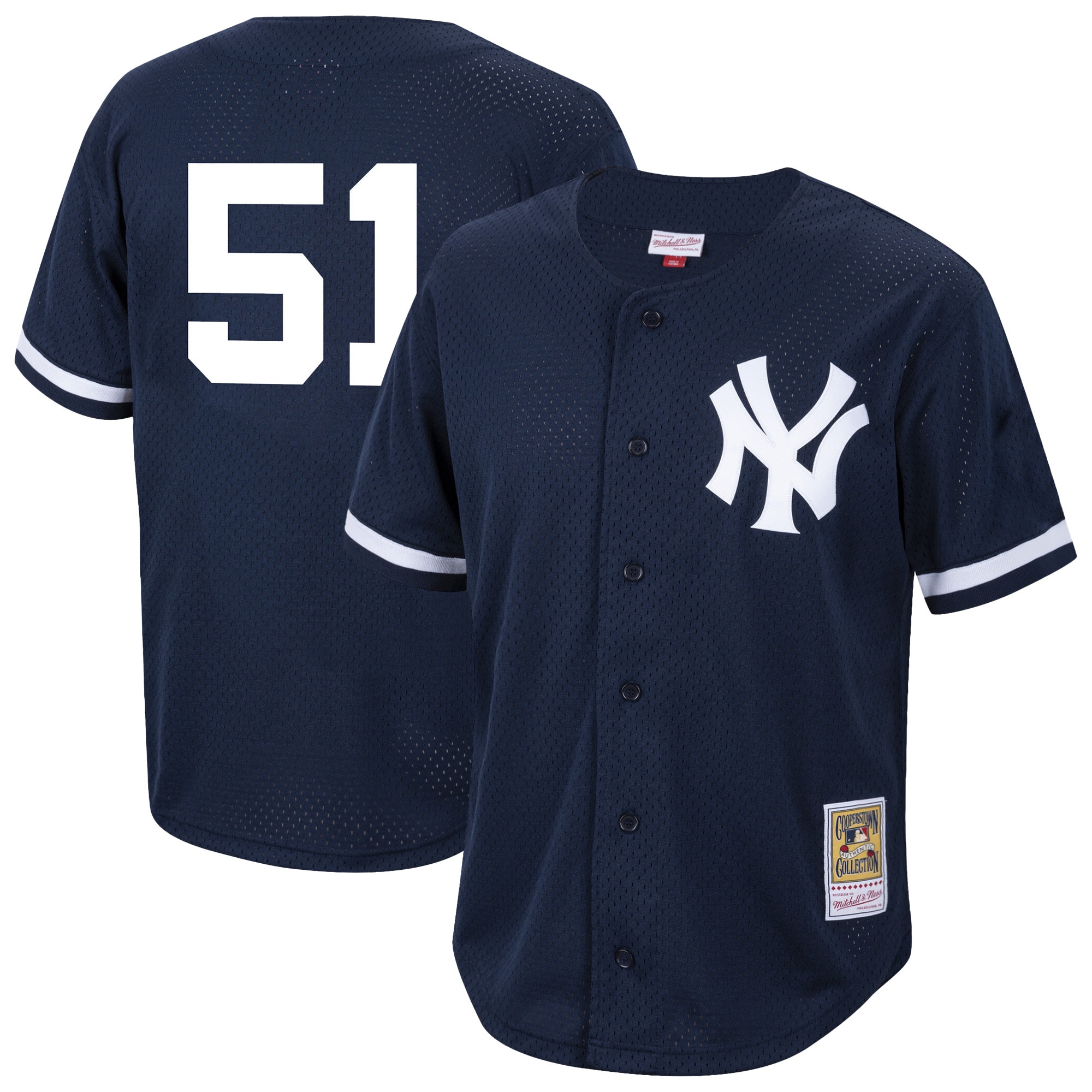 Men's New York Yankees Bernie Williams Mitchell & Ness Navy Cooperstown Collection Mesh Batting Practice Button-Up Baseball Jersey 
