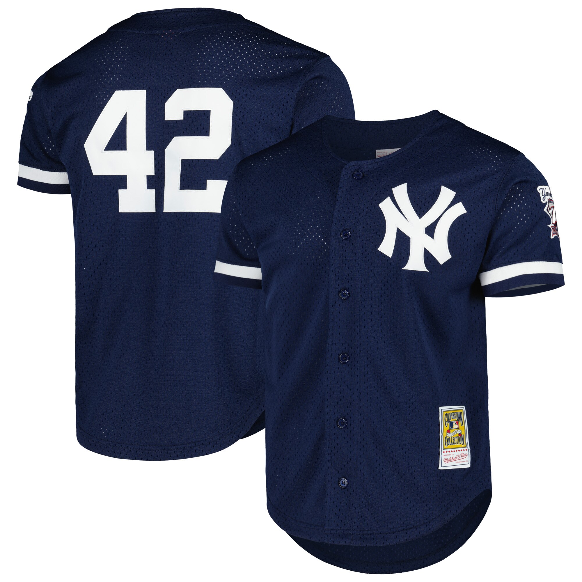 Men's New York Yankees Mariano Rivera Mitchell & Ness Navy Cooperstown Collection Mesh Batting Practice Button-Up Baseball Jersey 