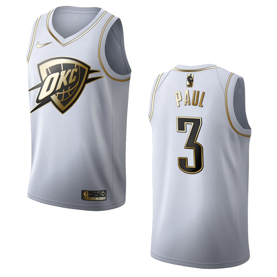 Men’s Oklahoma City Thunder #3 Chris Paul Golden Edition Basketball Jersey – White