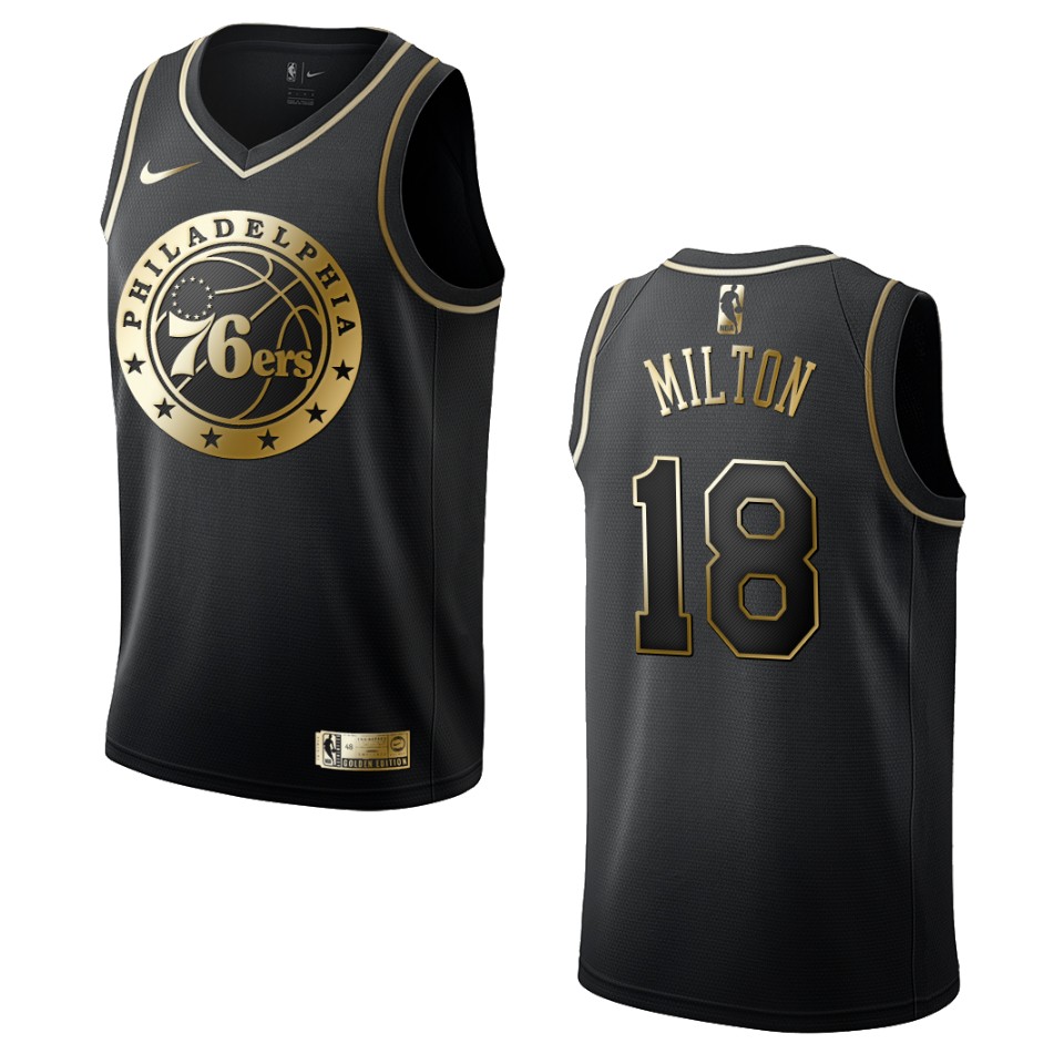 Men’s Philadelphia 76ers #18 Shake Milton Golden Edition Basketball Jersey – Black