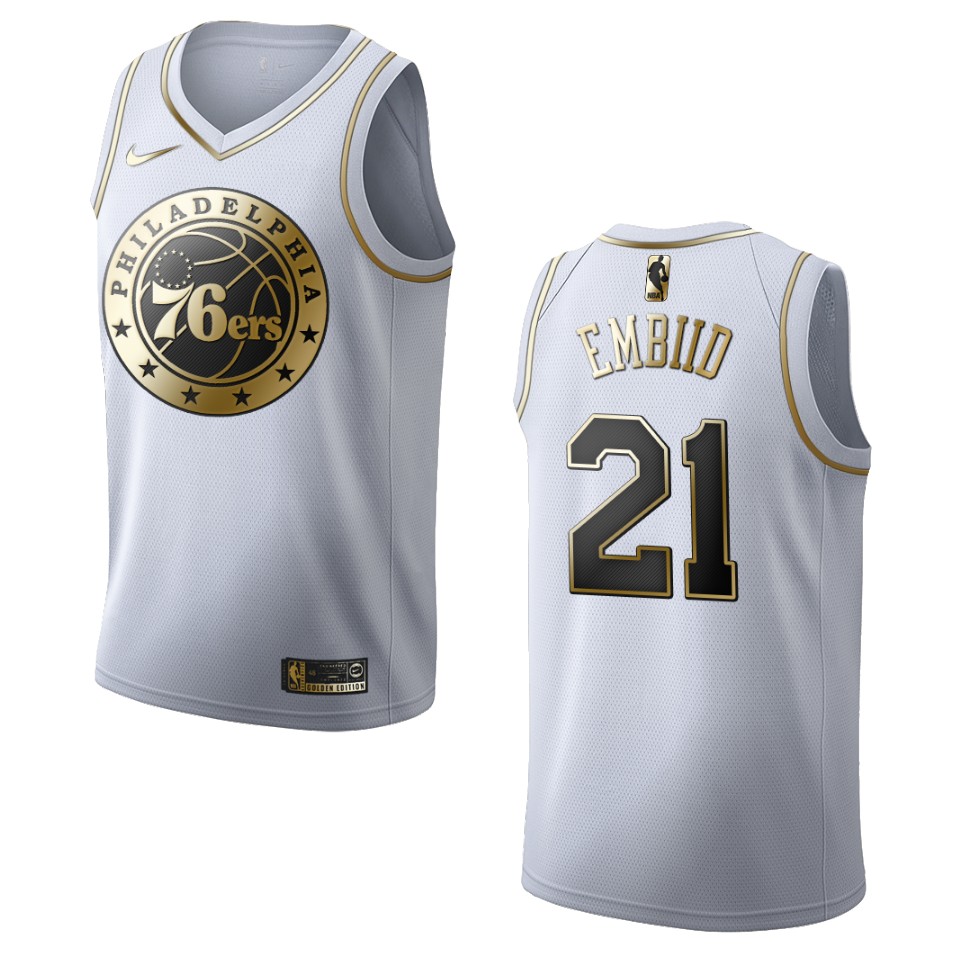 Men’s Philadelphia 76ers #21 Joel Embiid Golden Edition Basketball Jersey – White