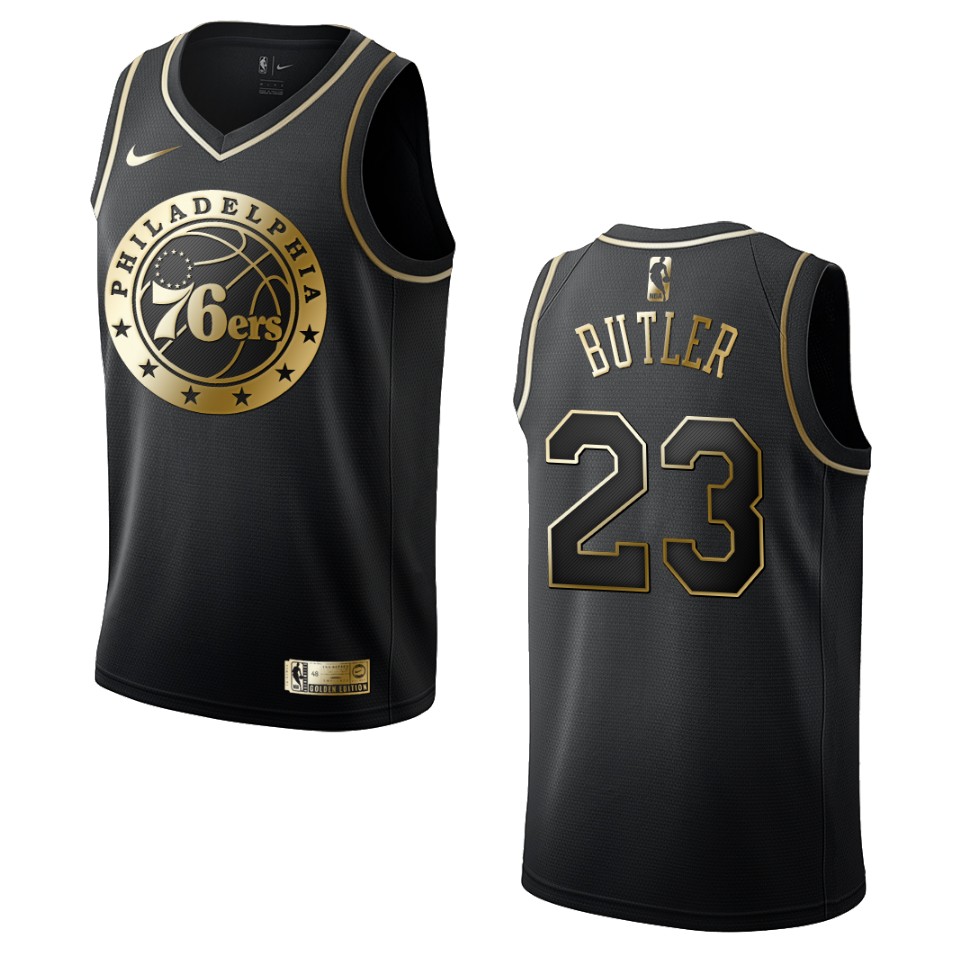 Men’s Philadelphia 76ers #23 Jimmy Butler Golden Edition Basketball Jersey – Black