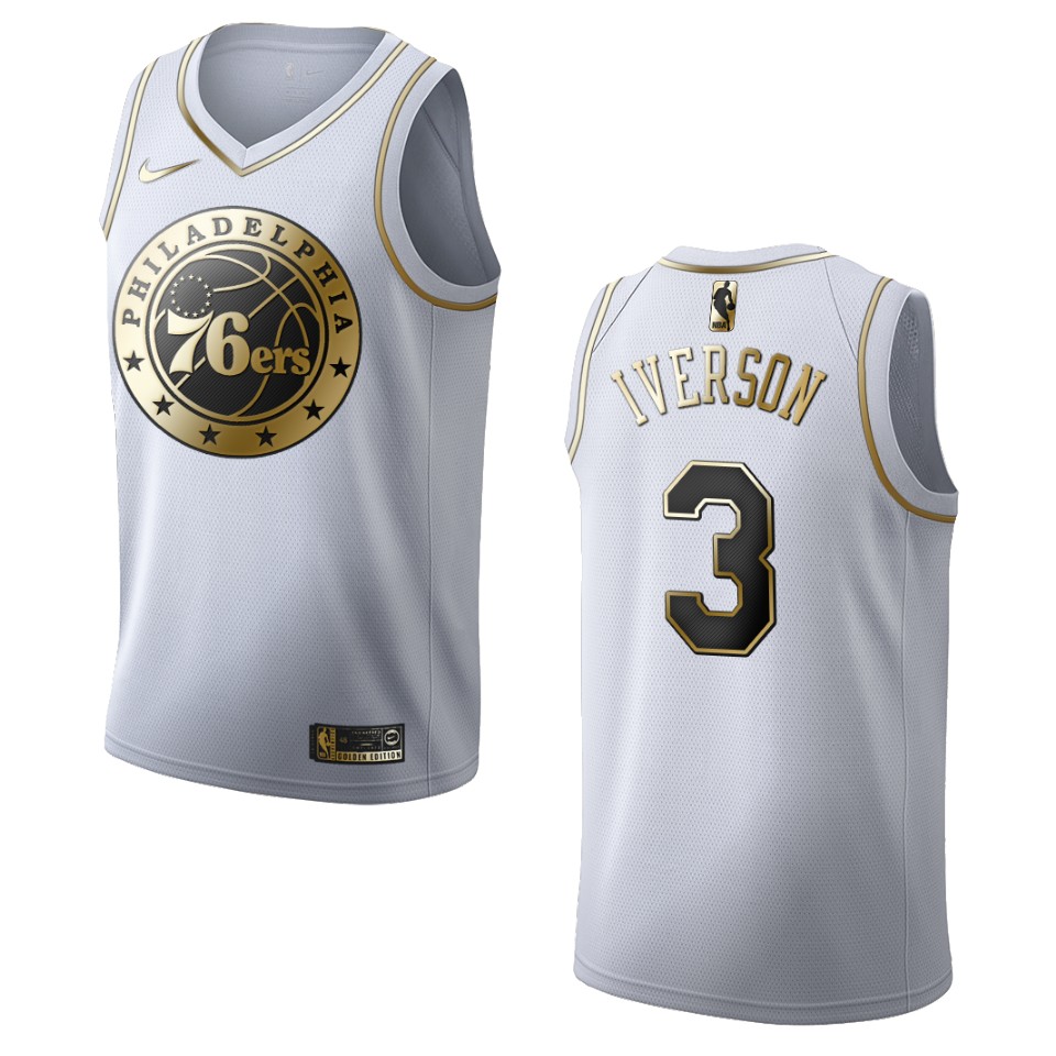 Men’s Philadelphia 76ers #3 Allen Iverson Golden Edition Basketball Jersey – White