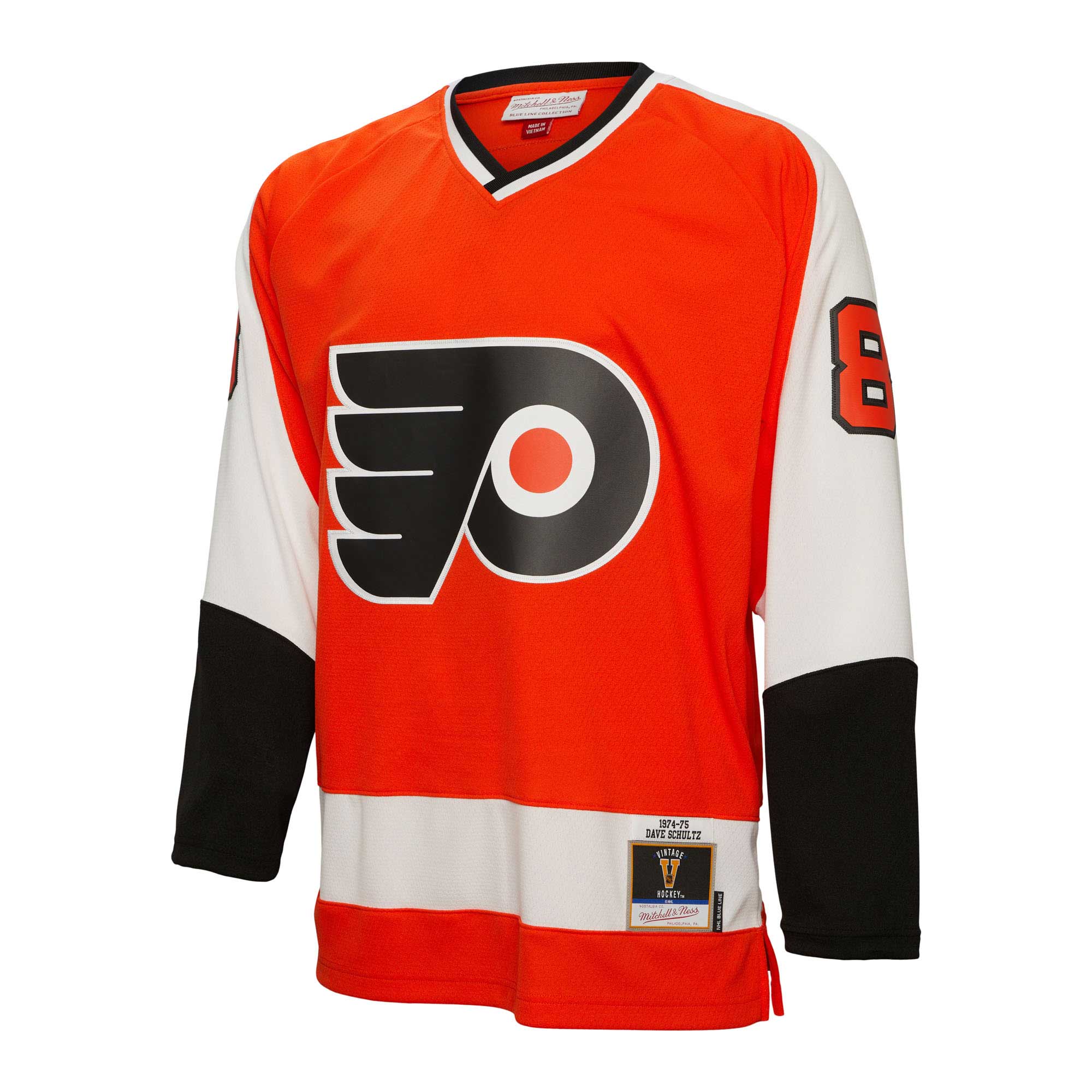 Alternative view of Men's Philadelphia Flyers Dave Schultz Mitchell & Ness Orange 1974/75 Blue Line Player Hockey Jersey - JS418 