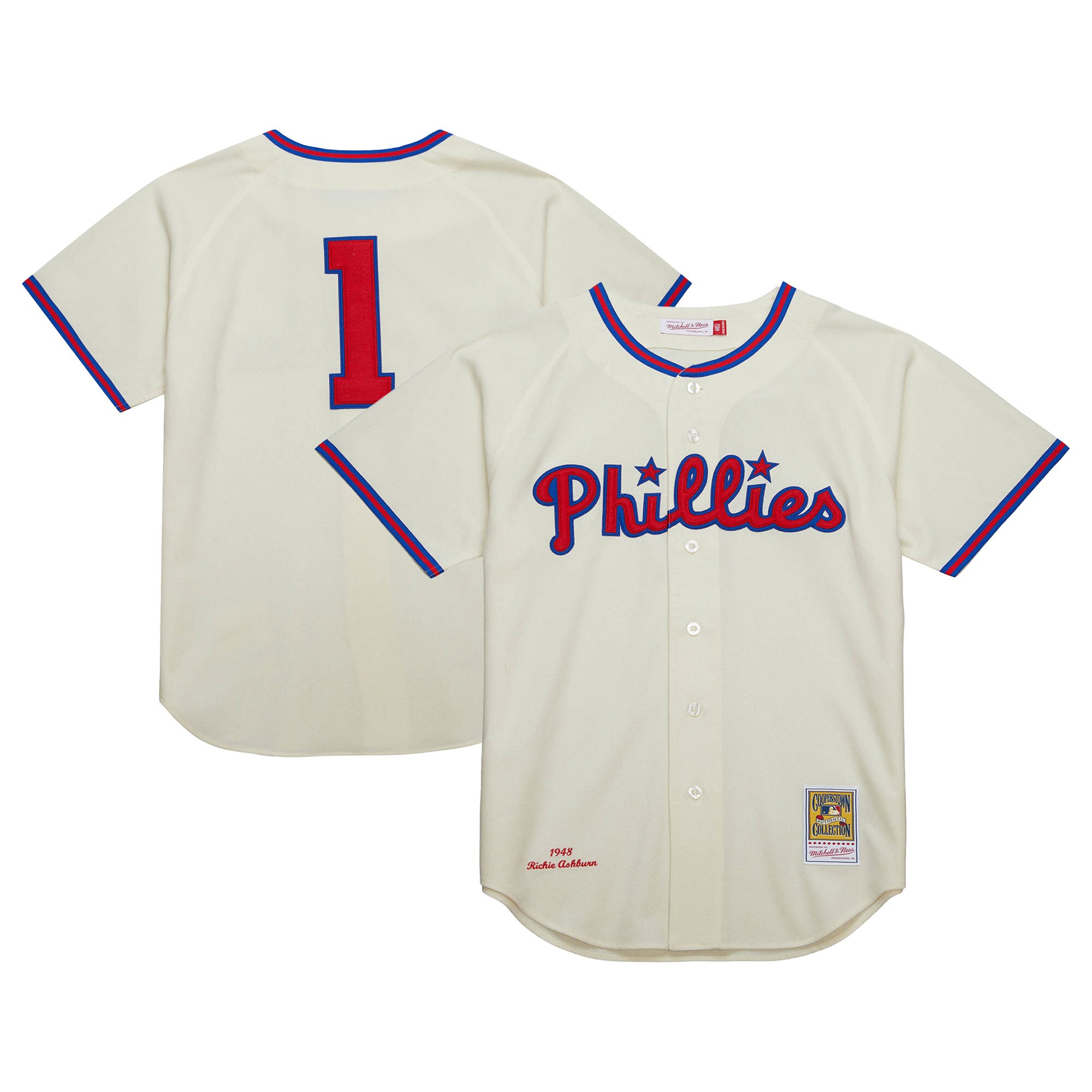 Men's Philadelphia Phillies Richie Ashburn Mitchell & Ness Cream Cooperstown Collection 1948 Baseball Jersey 