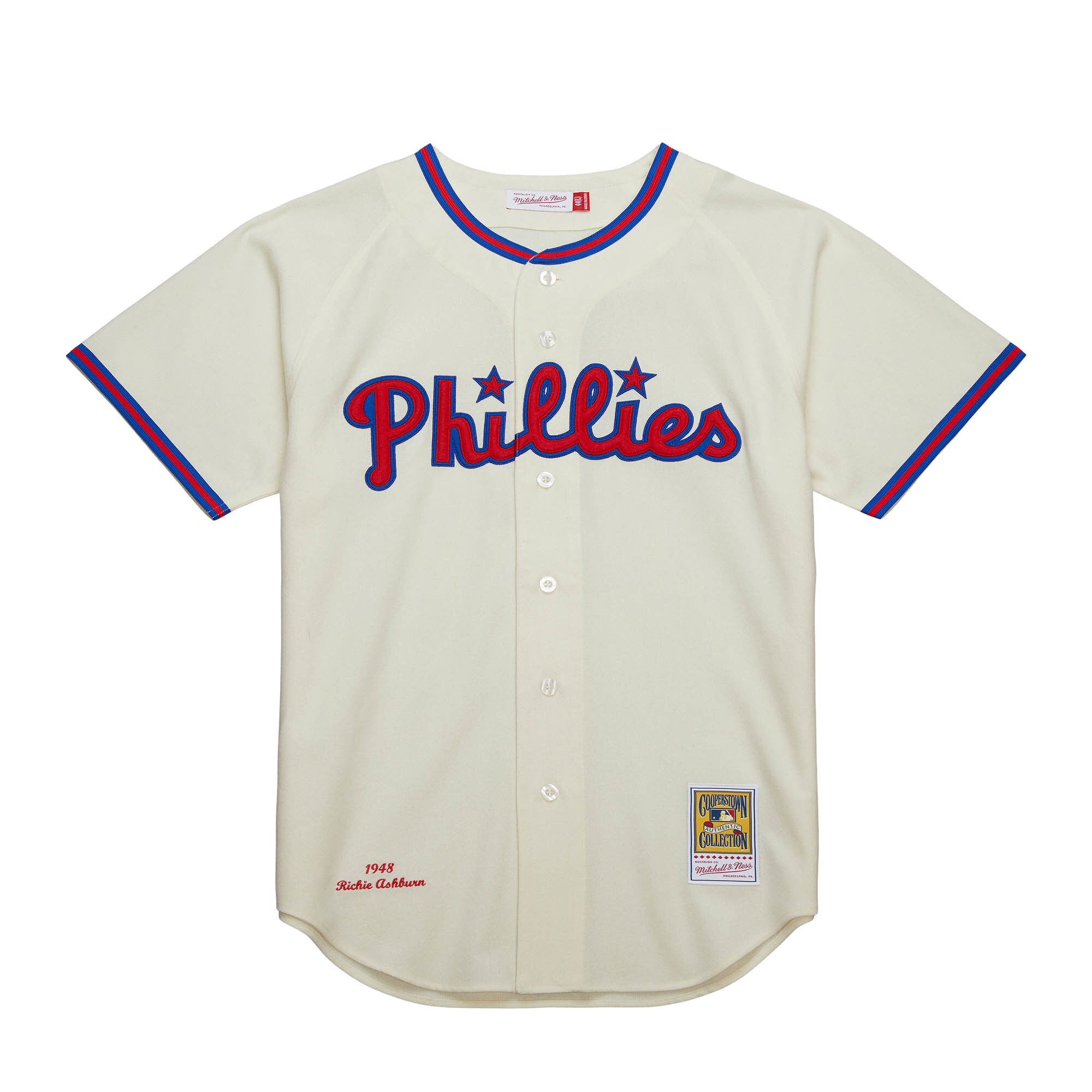 Alternative view of Men's Philadelphia Phillies Richie Ashburn Mitchell & Ness Cream Cooperstown Collection 1948 Baseball Jersey 