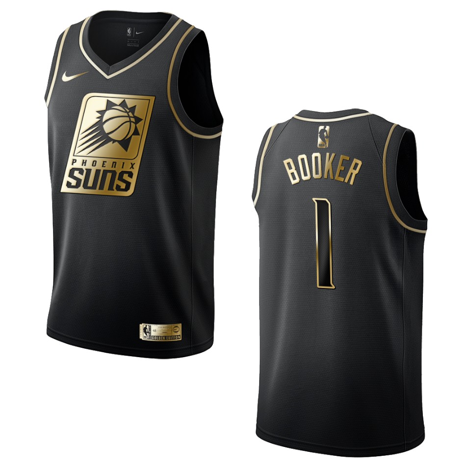 Men’s Phoenix Suns #1 Devin Booker Golden Edition Basketball Jersey – Black