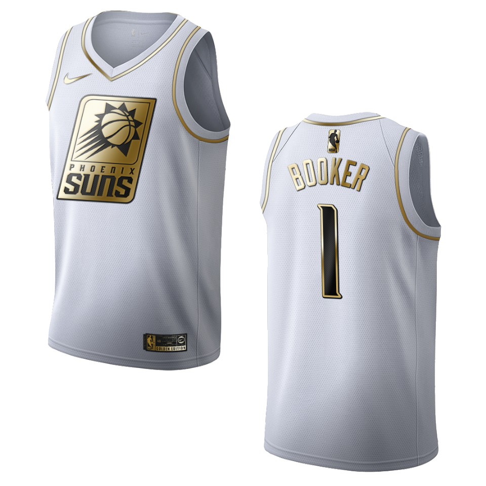 Men’s Phoenix Suns #1 Devin Booker Golden Edition Jersey – White