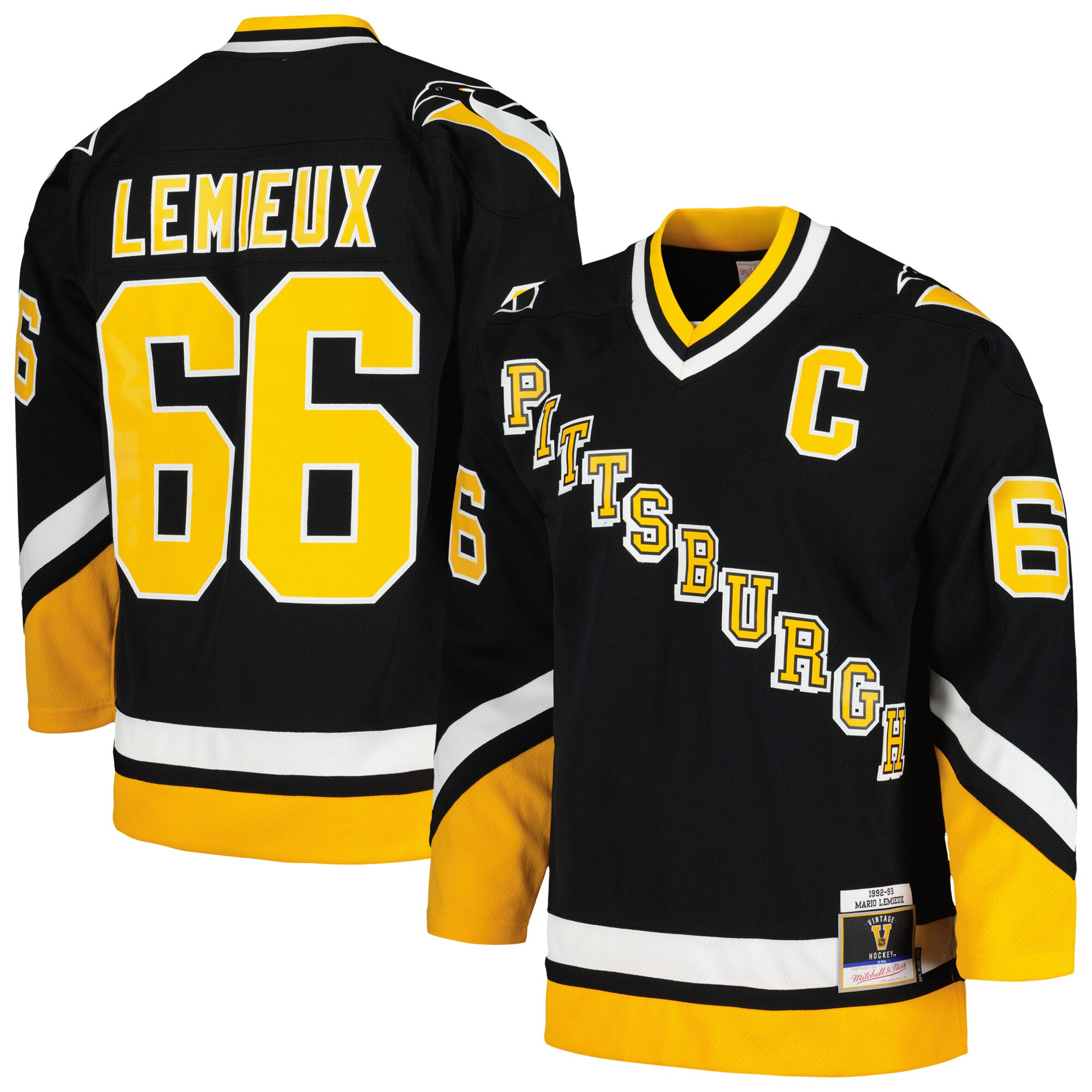 Men's Pittsburgh Penguins Mario Lemieux Mitchell & Ness Black 1992/93 Blue Line Player Hockey Jersey - JS761 