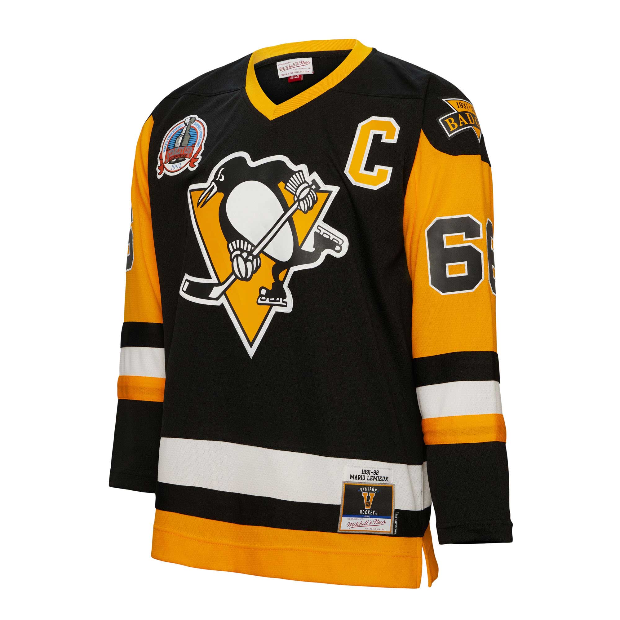 Alternative view of Men's Pittsburgh Penguins Mario Lemieux Mitchell & Ness Black Big & Tall 1991 Captain Patch Blue Line Player Hockey Jersey - JS641 