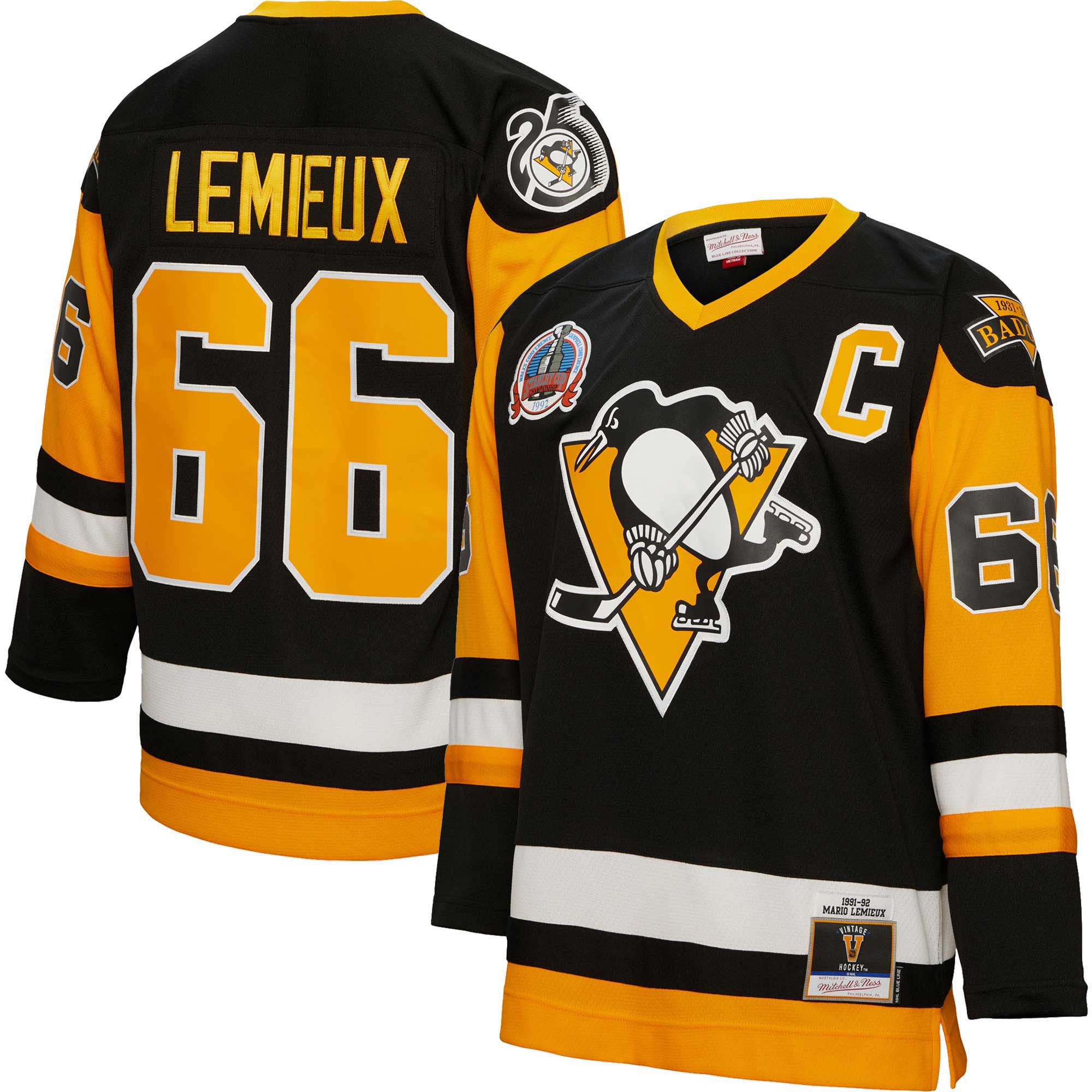 Men's Pittsburgh Penguins Mario Lemieux Mitchell & Ness Black Big & Tall 1991 Captain Patch Blue Line Player Hockey Jersey - JS641 