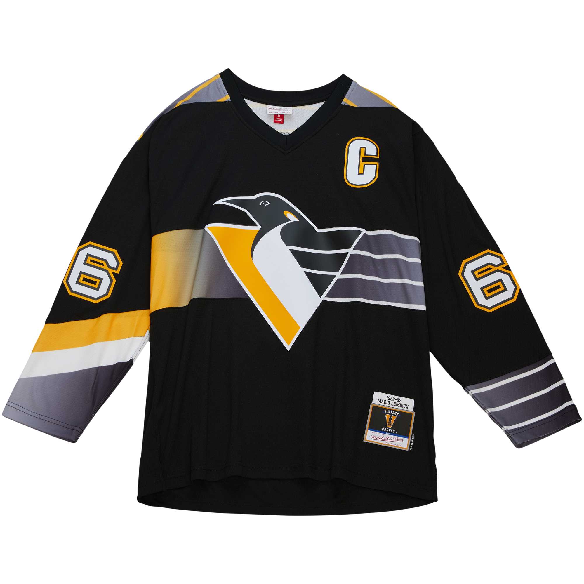 Alternative view of Men's Pittsburgh Penguins Mario Lemieux Mitchell & Ness Black Captain's Patch 1996/97 Blue Line Player Hockey Jersey - JS479 