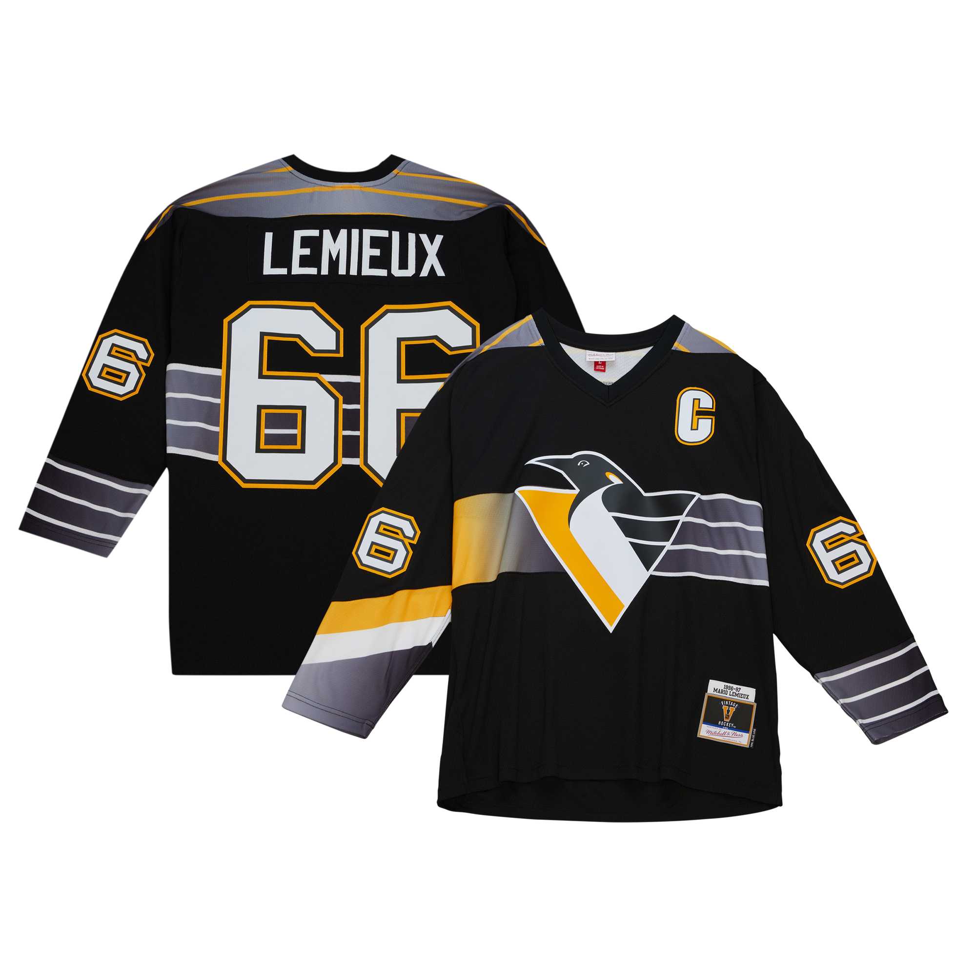 Men's Pittsburgh Penguins Mario Lemieux Mitchell & Ness Black Captain's Patch 1996/97 Blue Line Player Hockey Jersey - JS479 