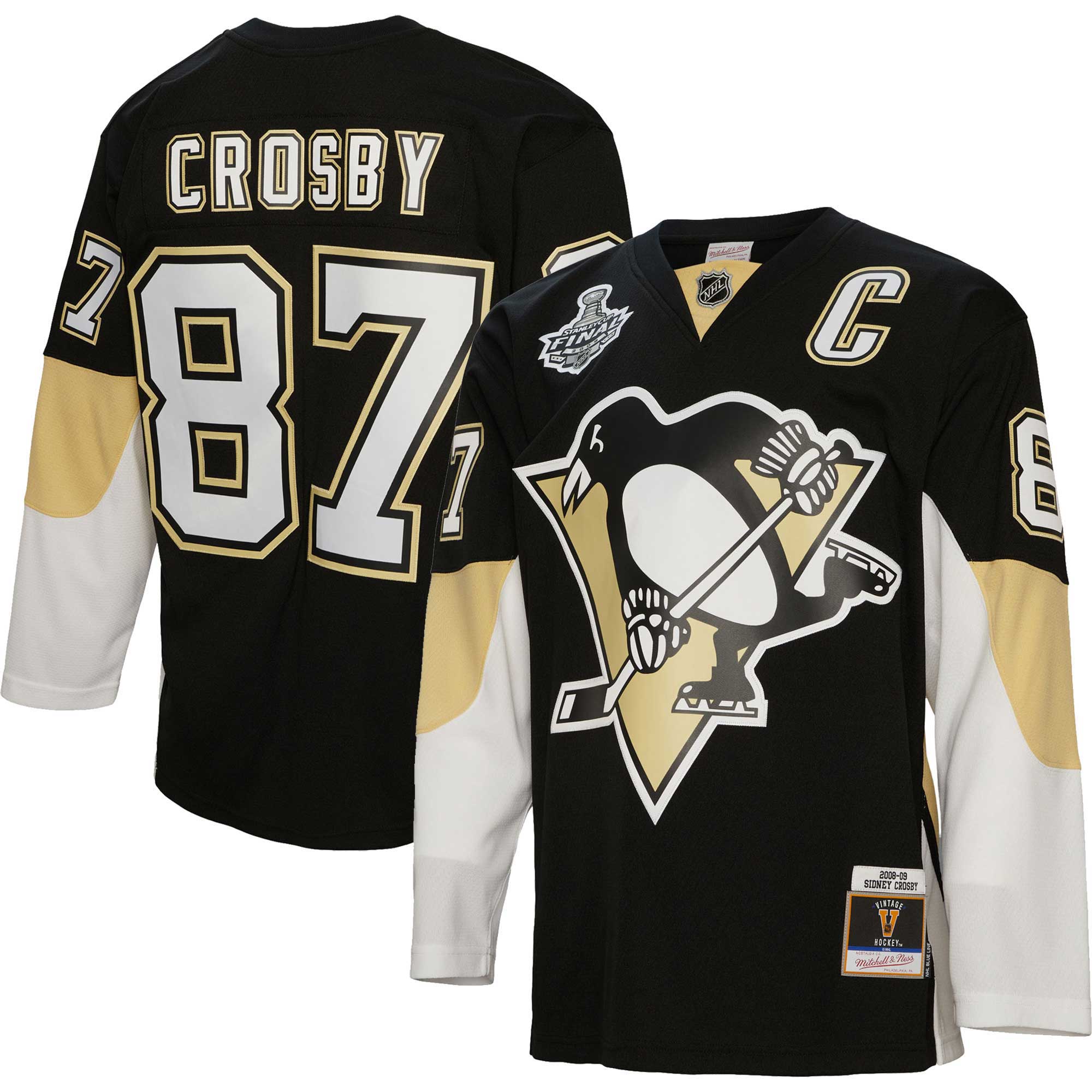 Men's Pittsburgh Penguins Sidney Crosby Mitchell & Ness Black Captain Patch 2008/09 Blue Line Player Hockey Jersey - JS815 