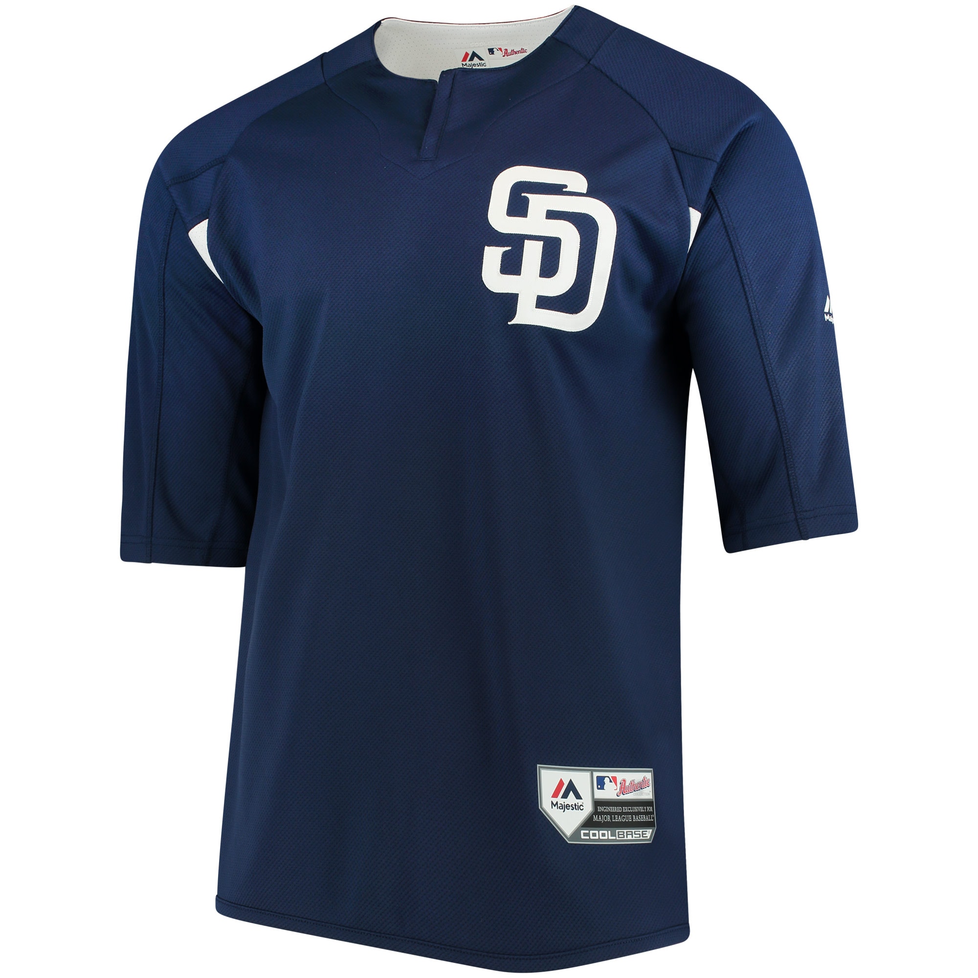 Alternative view of Men's San Diego Padres Majestic Navy/White Collection On-Field 3/4-Sleeve Batting Practice Baseball Jersey 
