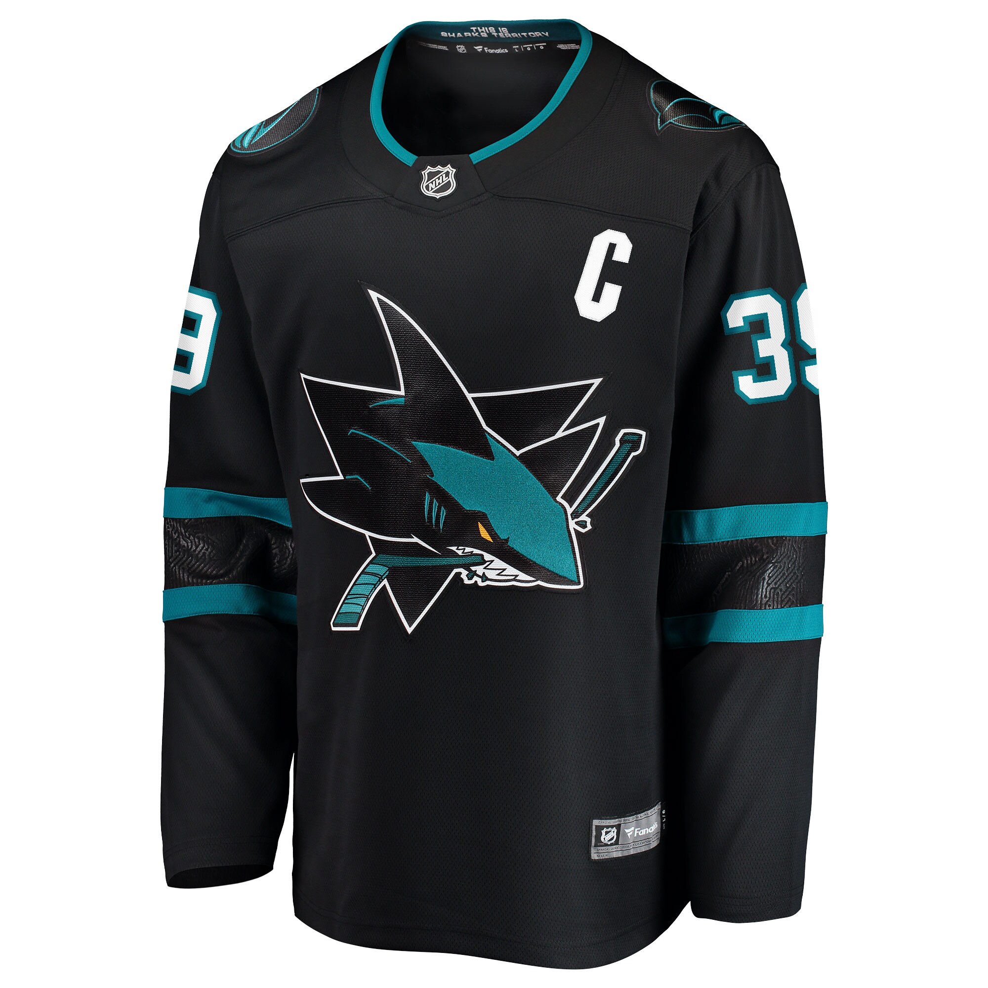 Alternative view of Men's San Jose Sharks Logan Couture Black Alternate Premier Breakaway Player Captain Hockey Jersey - JS186 