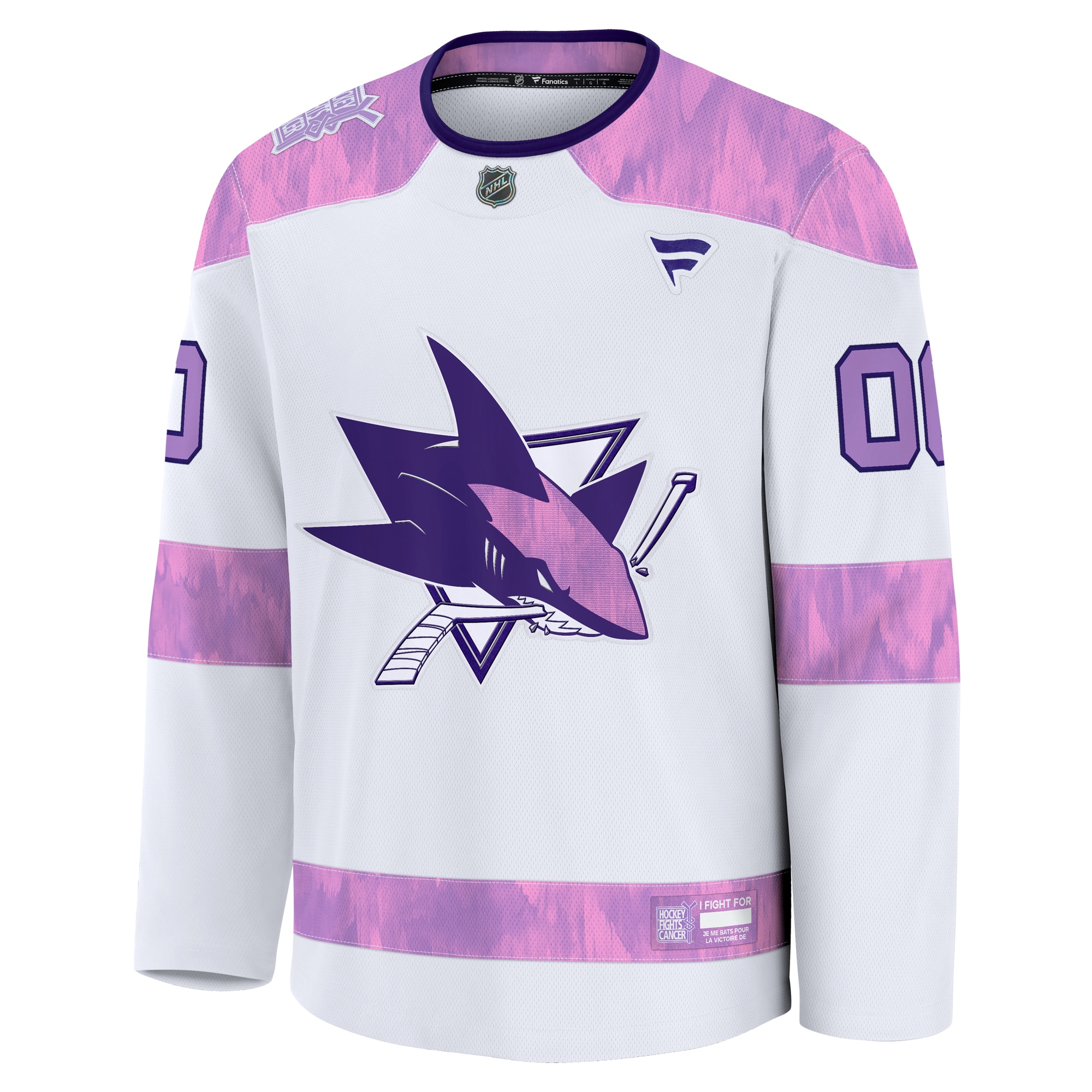 Alternative view of Men's San Jose Sharks White 2024 Hockey Fights Cancer Custom Practice Hockey Jersey - JS741 
